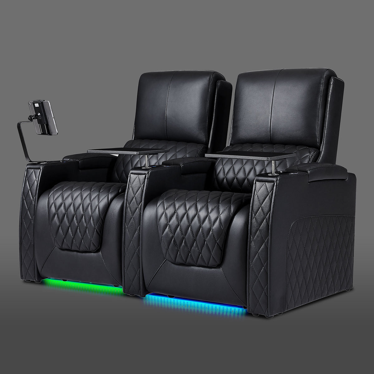 Axys series black leather 2-seat home theater recliner sofa with LED base lighting and cup holders