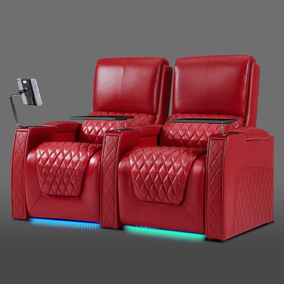Axys series red dual-seat theater sofa with motorized reclining system and accent lighting