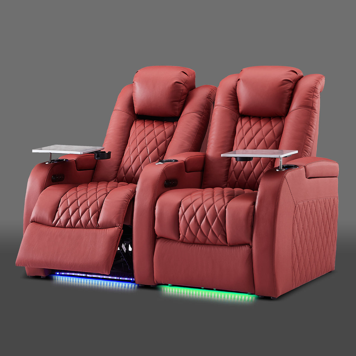 Red power recliner shown as a two chair setup with LED base lighting