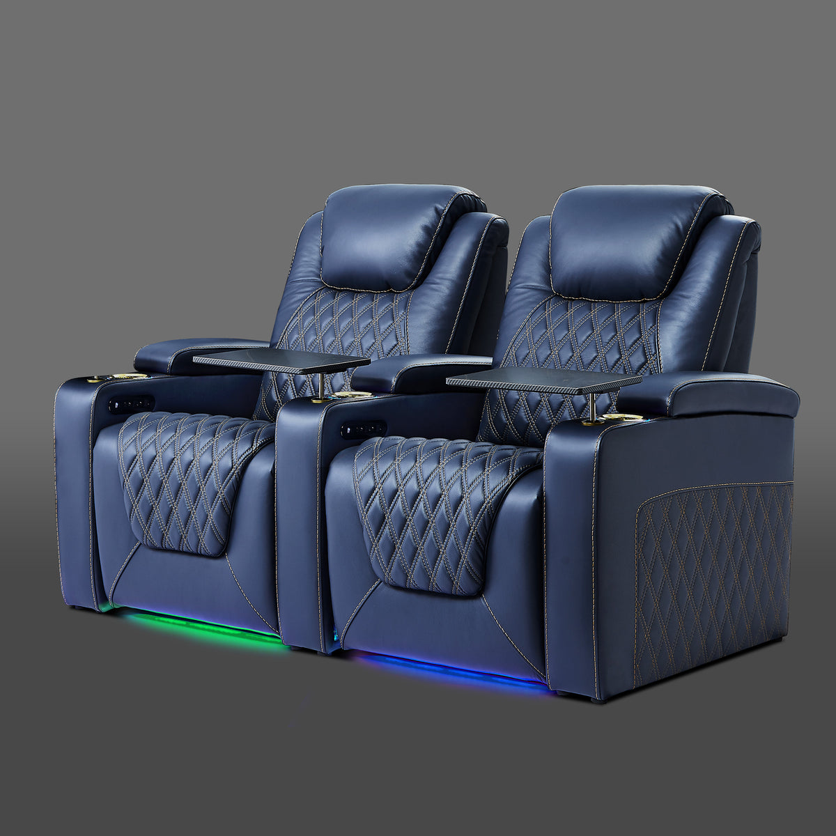 Blue two seat power recliner with shared armrests and cup holders