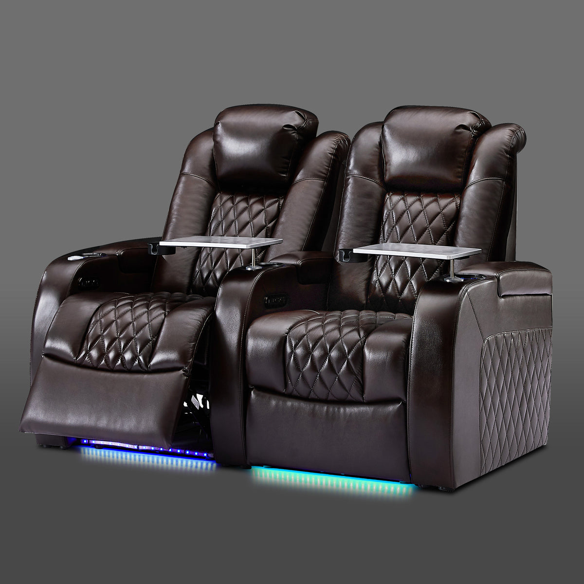 Brown cinema seating in 2 seat configuration with LED lighting