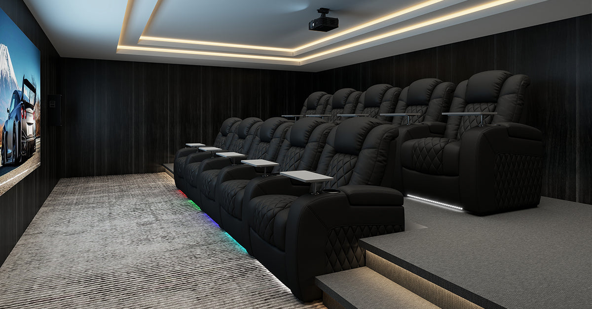 modern home theater seating setup with reclining theater chairs
