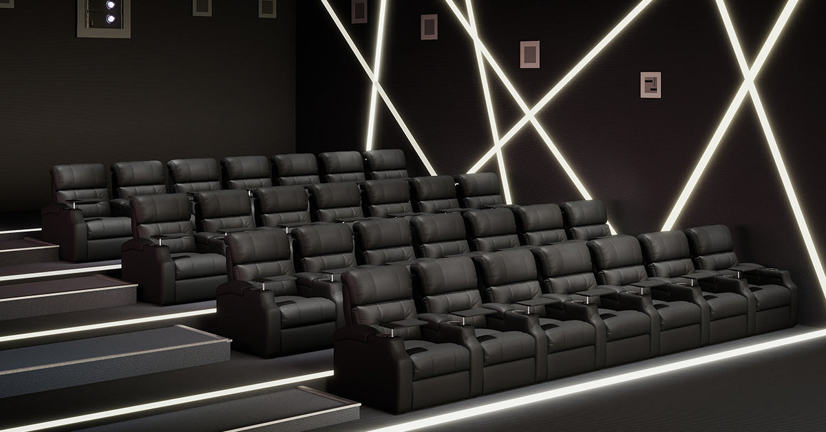 Luxury home theater recliner seating in a modern home theater room