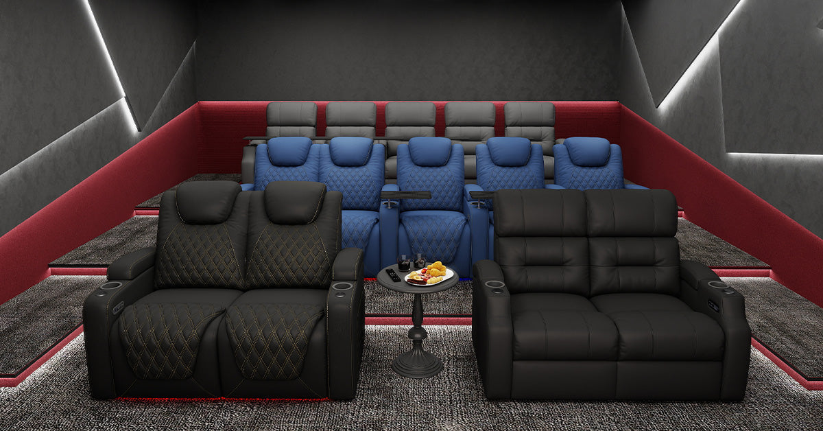 home theater room with leather seating