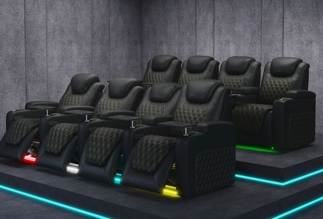 Prym series black leather theater chairs with diamond stitching and illuminated base accents