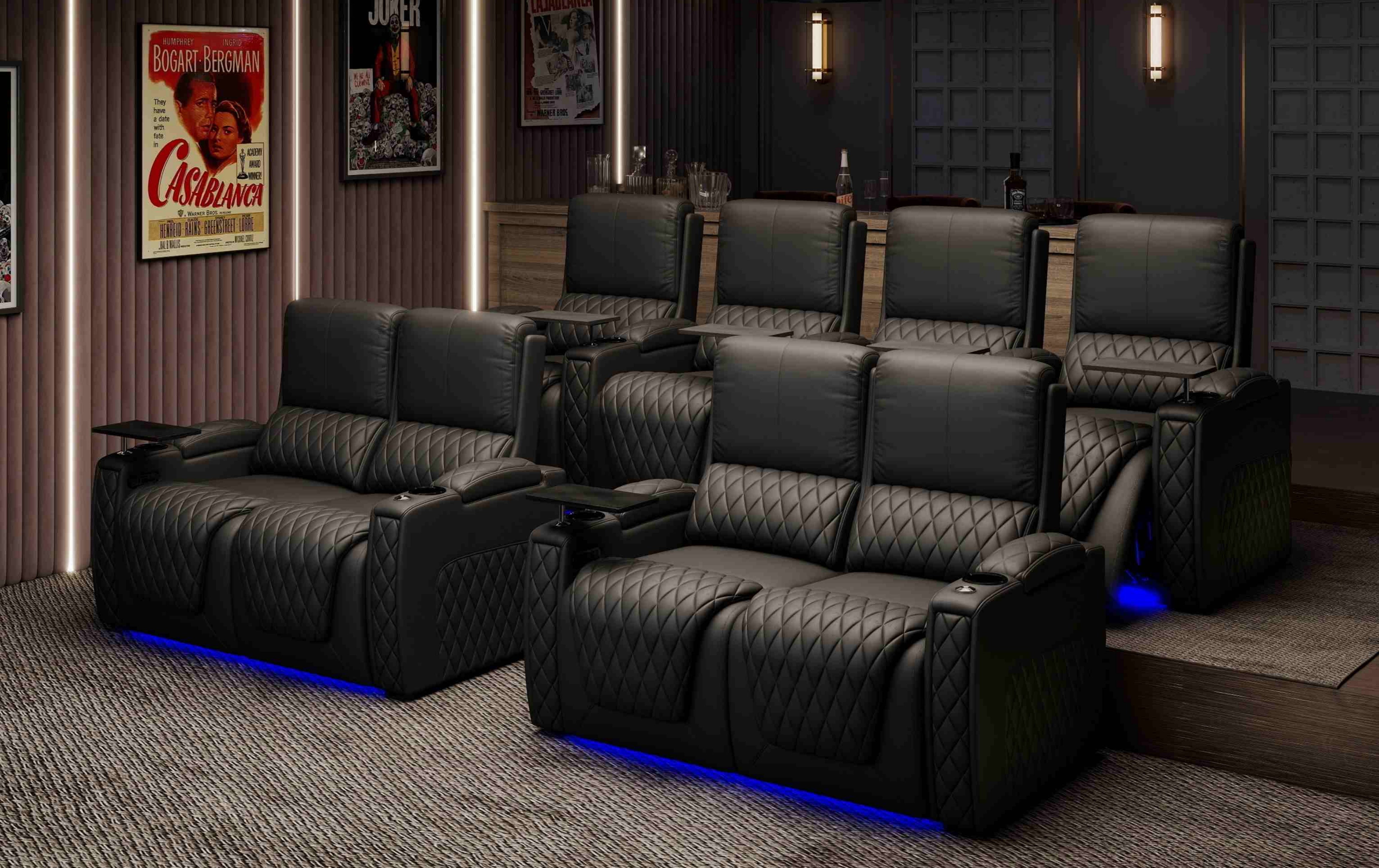 Axys Series multi-row home theater seats with quilted design and LED underlighting