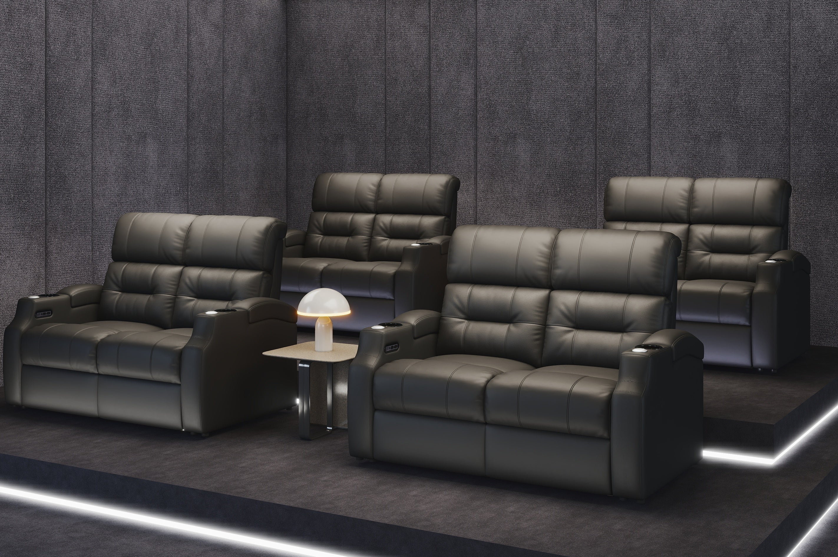 Edgex Series home theater seating featuring clean-lined design, premium leather upholstery