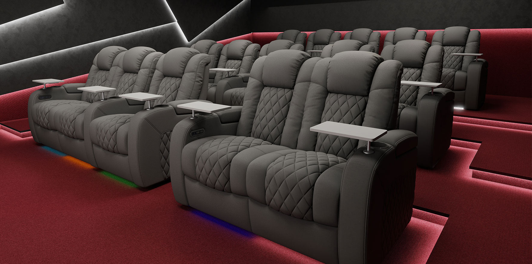 Kore Series home theater seating with integrated tray tables, and ambient LED base lighting