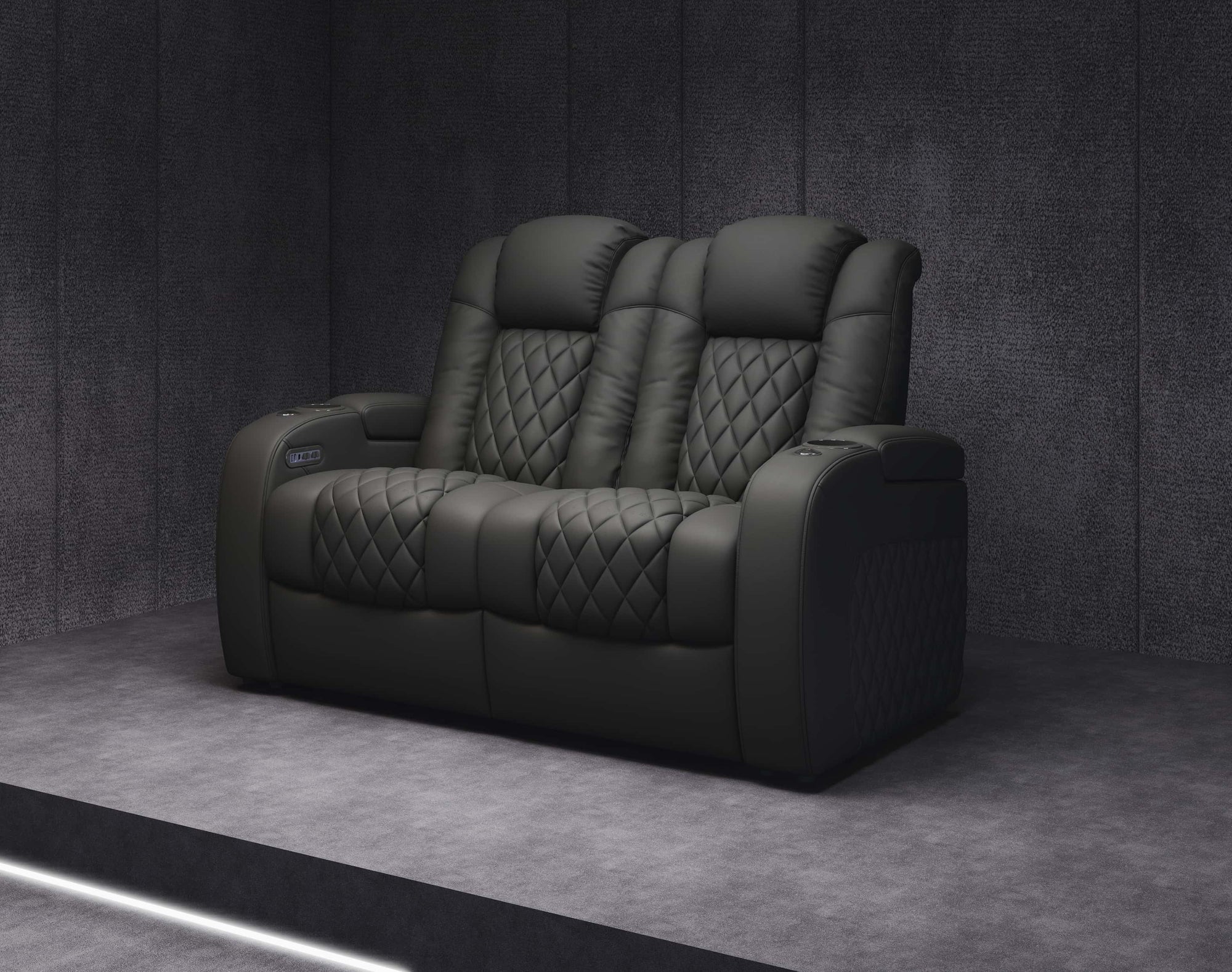 Two-seat home theater loveseat with quilted leather upholstery designed for shared viewing comfort