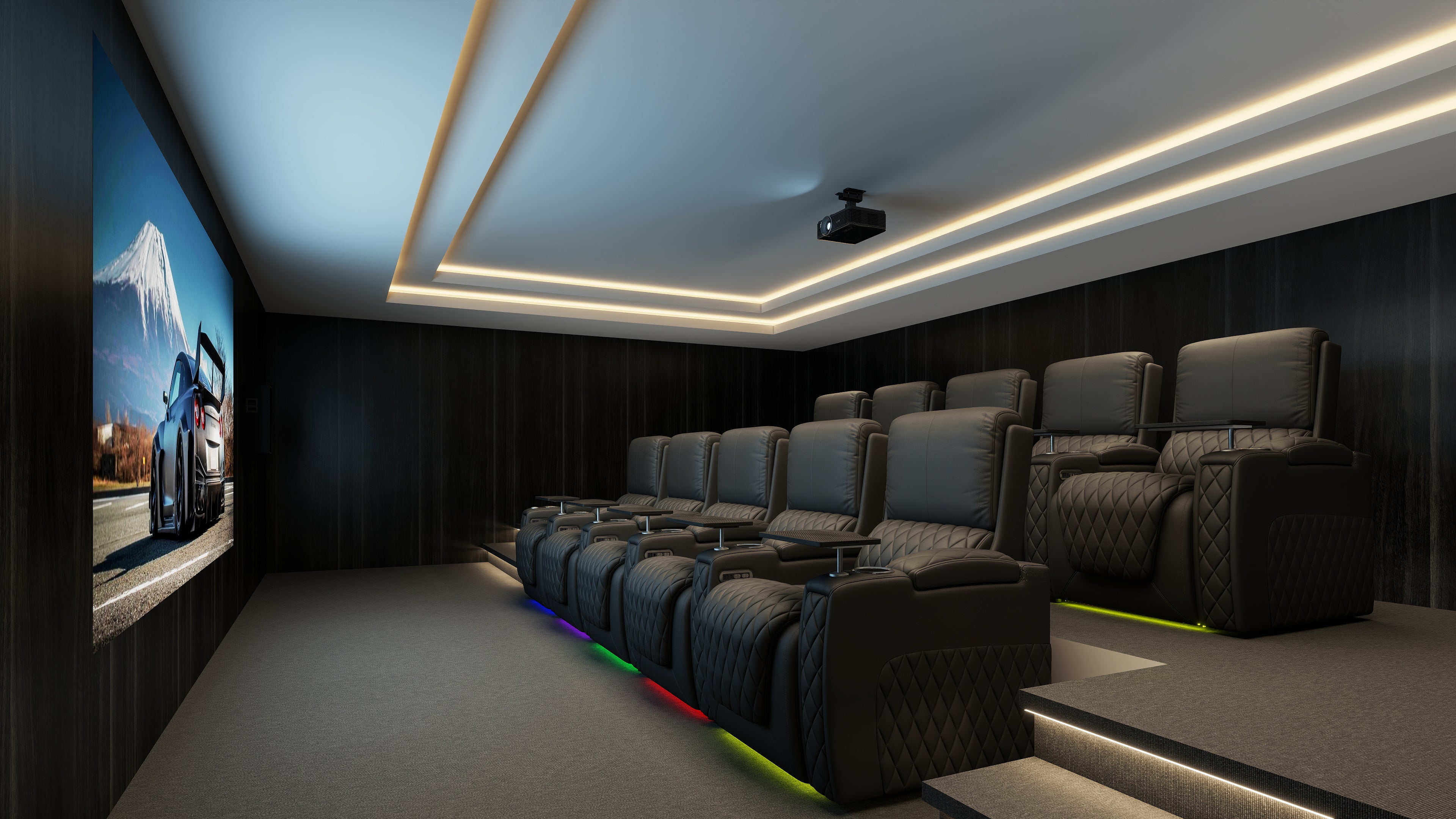 Home theater seating arranged for a cozy movie night with ambient lighting and large screen
