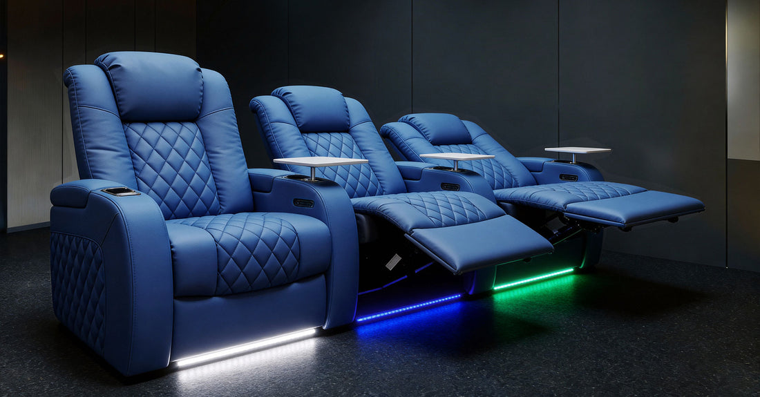 Power-adjustable seating shown with extended leg rests and illuminated bases