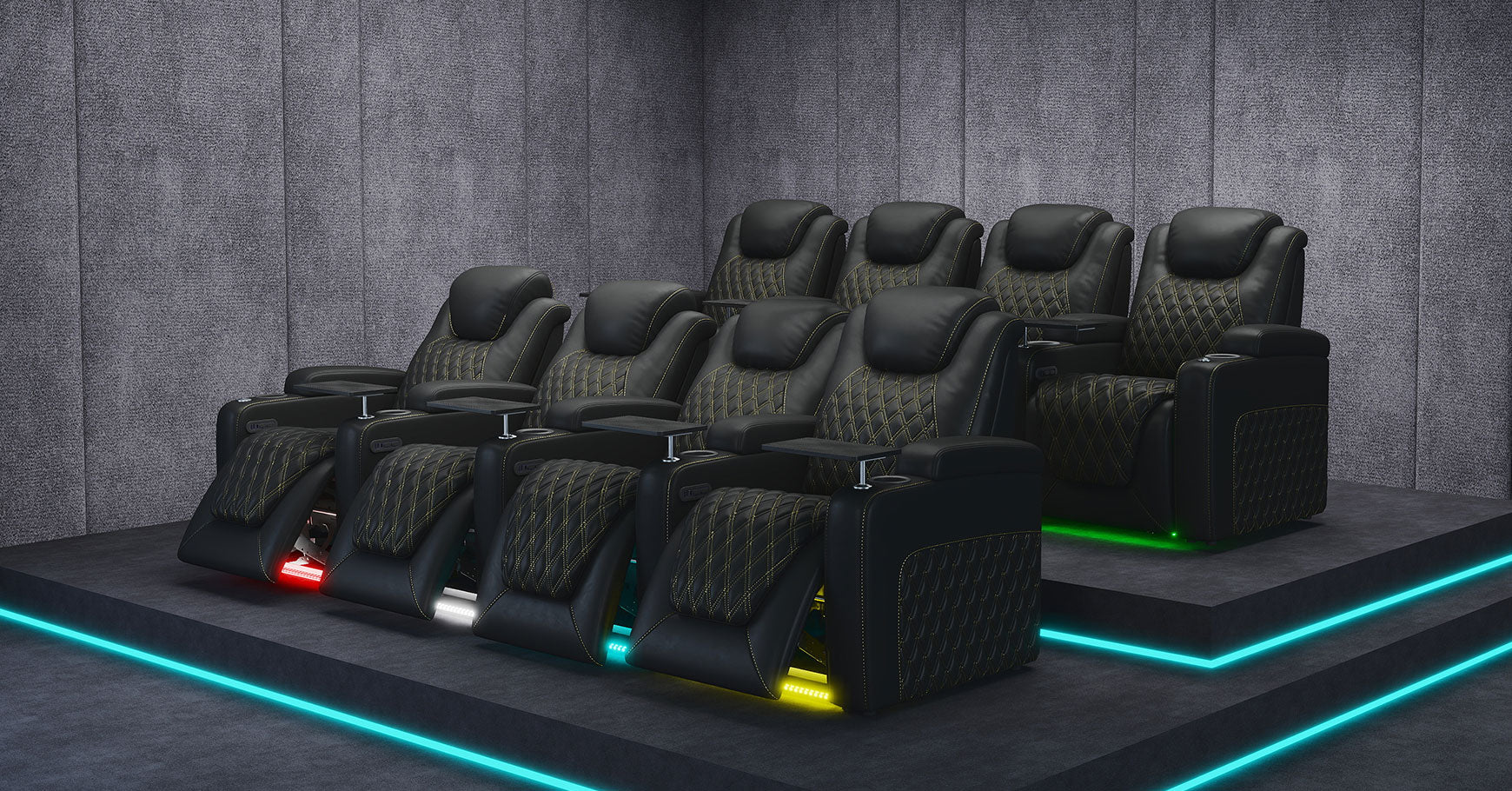 Black leather theater chairs with diamond stitching and illuminated base accents