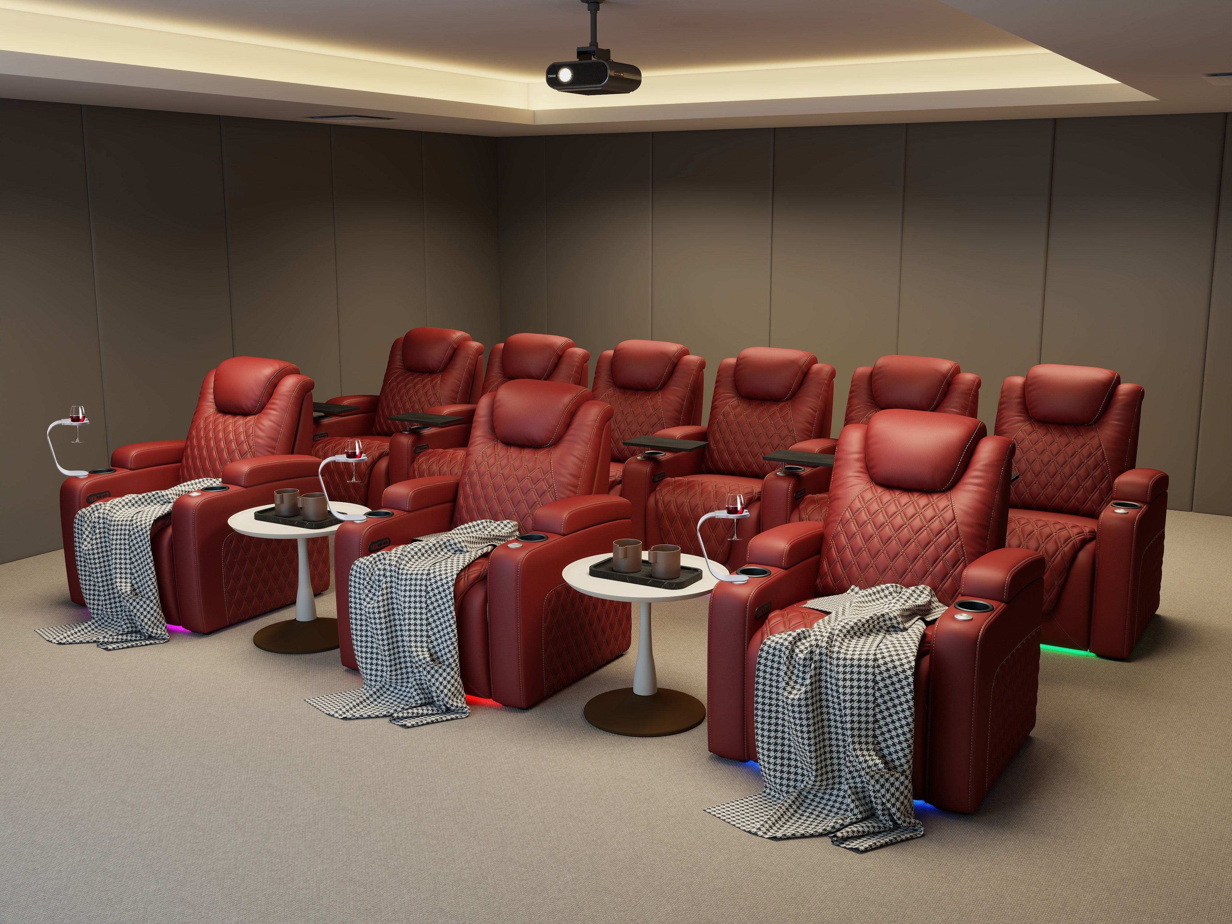 Home theater seating with Pro-Accessory Kit, featuring red leather recliners, side tables, cup holders, and coordinated add-on accessories