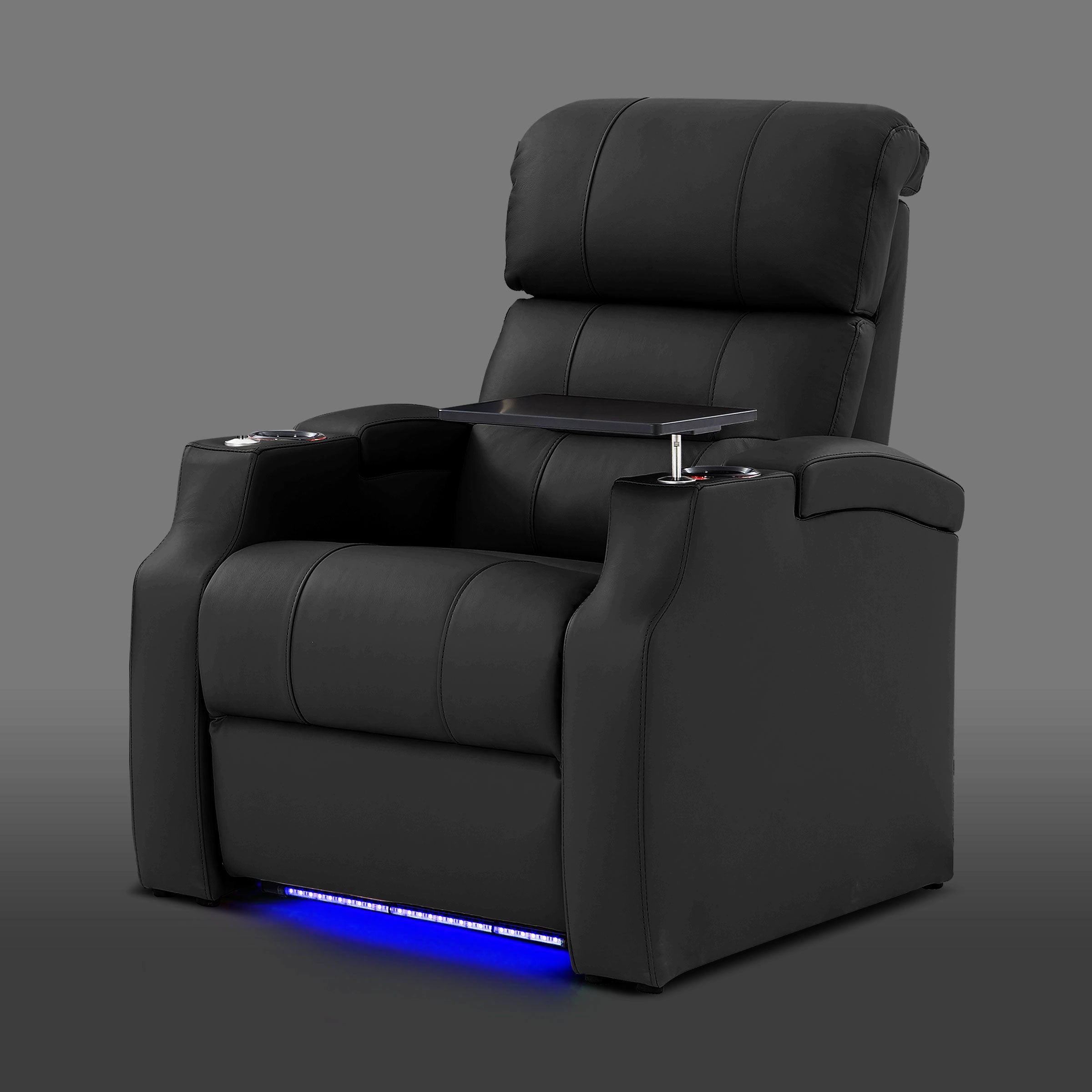 Edgex Series black home theater recliner chair with LED base lighting and cup holder