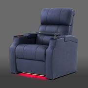 Edgex Series blue home theater recliner with LED accent base and built-in cup holder
