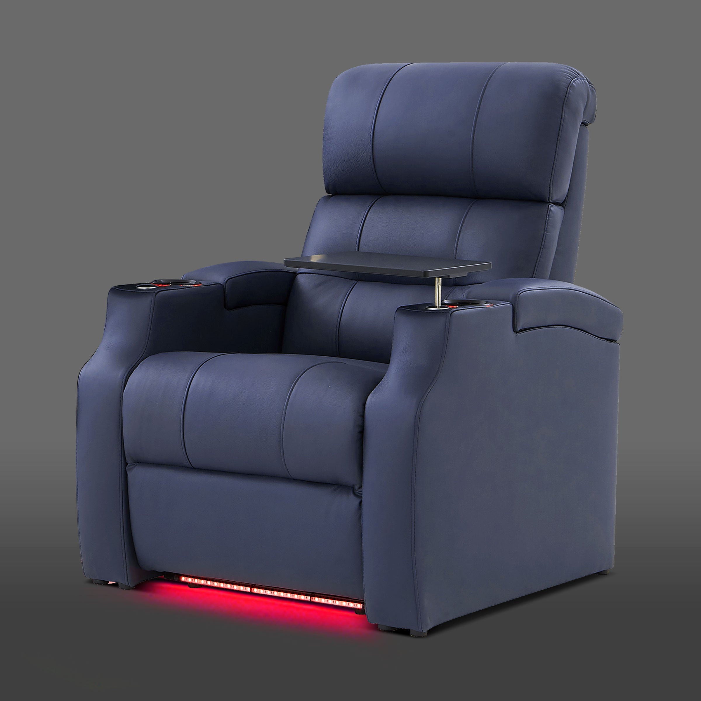 Edgex Series blue home theater recliner with LED accent base and built-in cup holder
