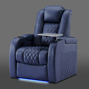 Blue single cinema chair with thick cushioning and LED base glow