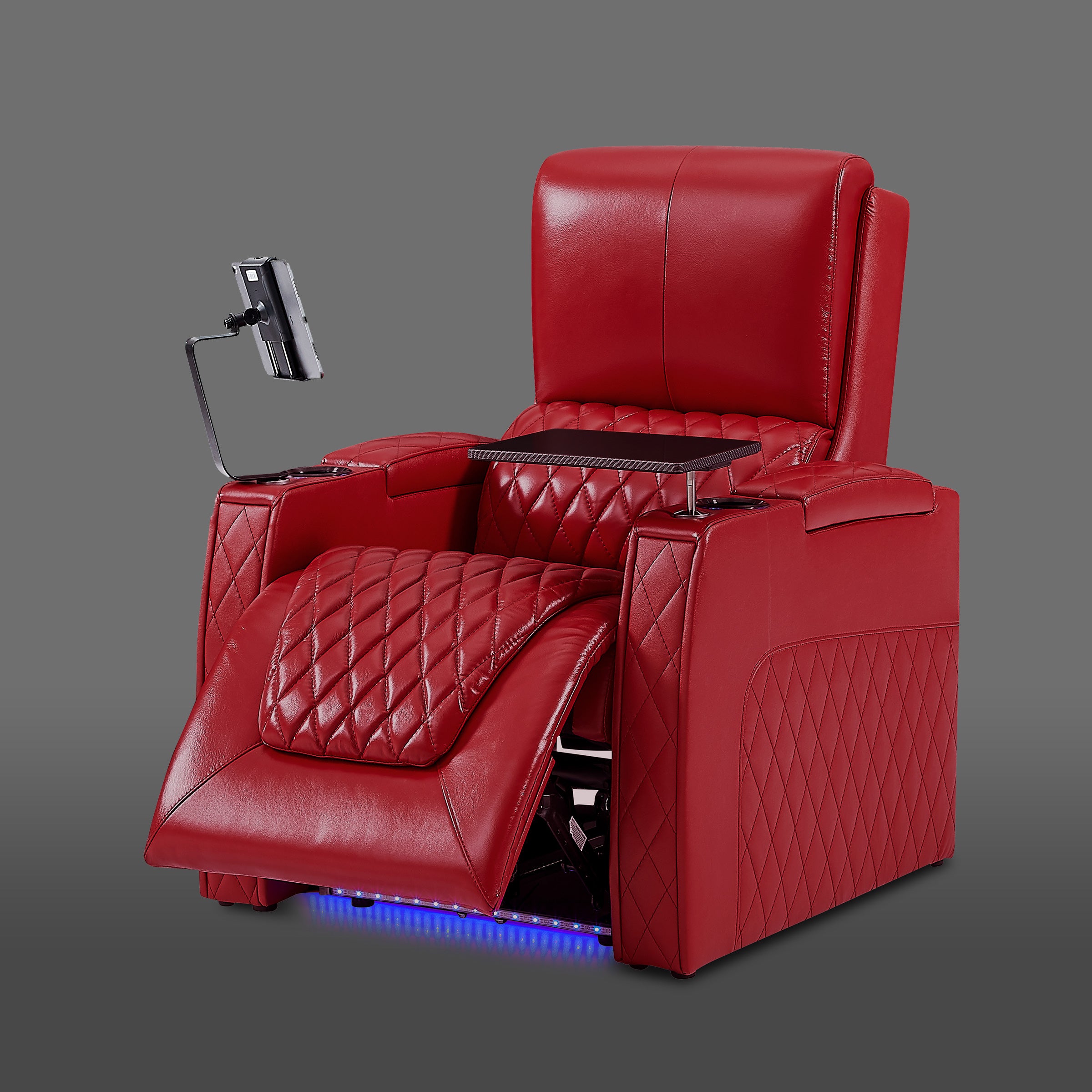 Axys series red leather cinema recliner with glowing LED base and integrated drink holder