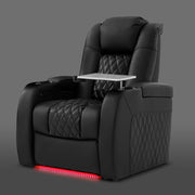 Single Black home theater recliner with swivel tray and red LED ambient lighting