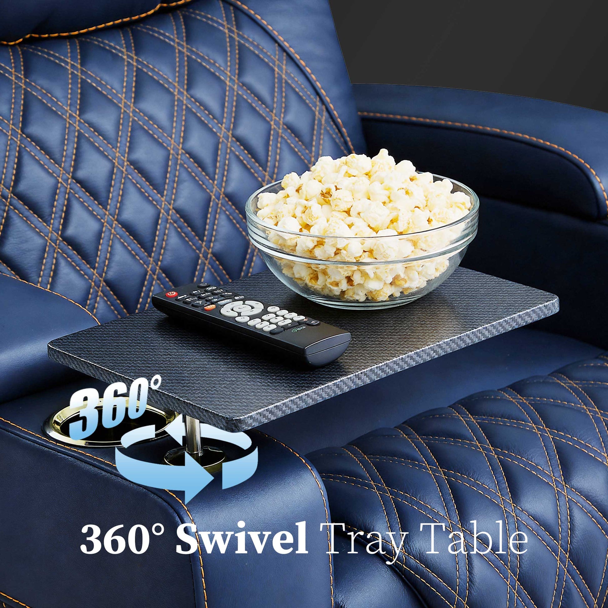 360° Swivel tray table attached to blue seating for snacks and drinks