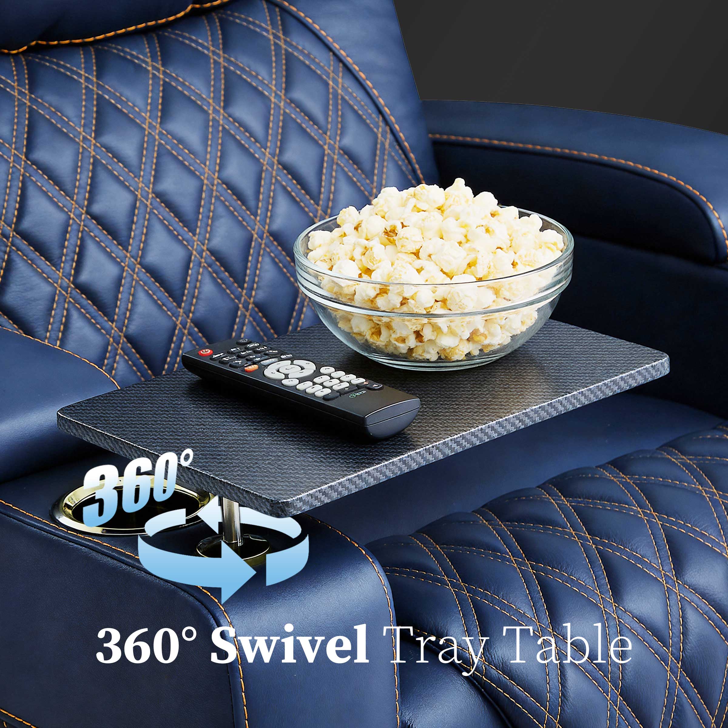 360° Swivel tray table attached to blue seating for snacks and drinks