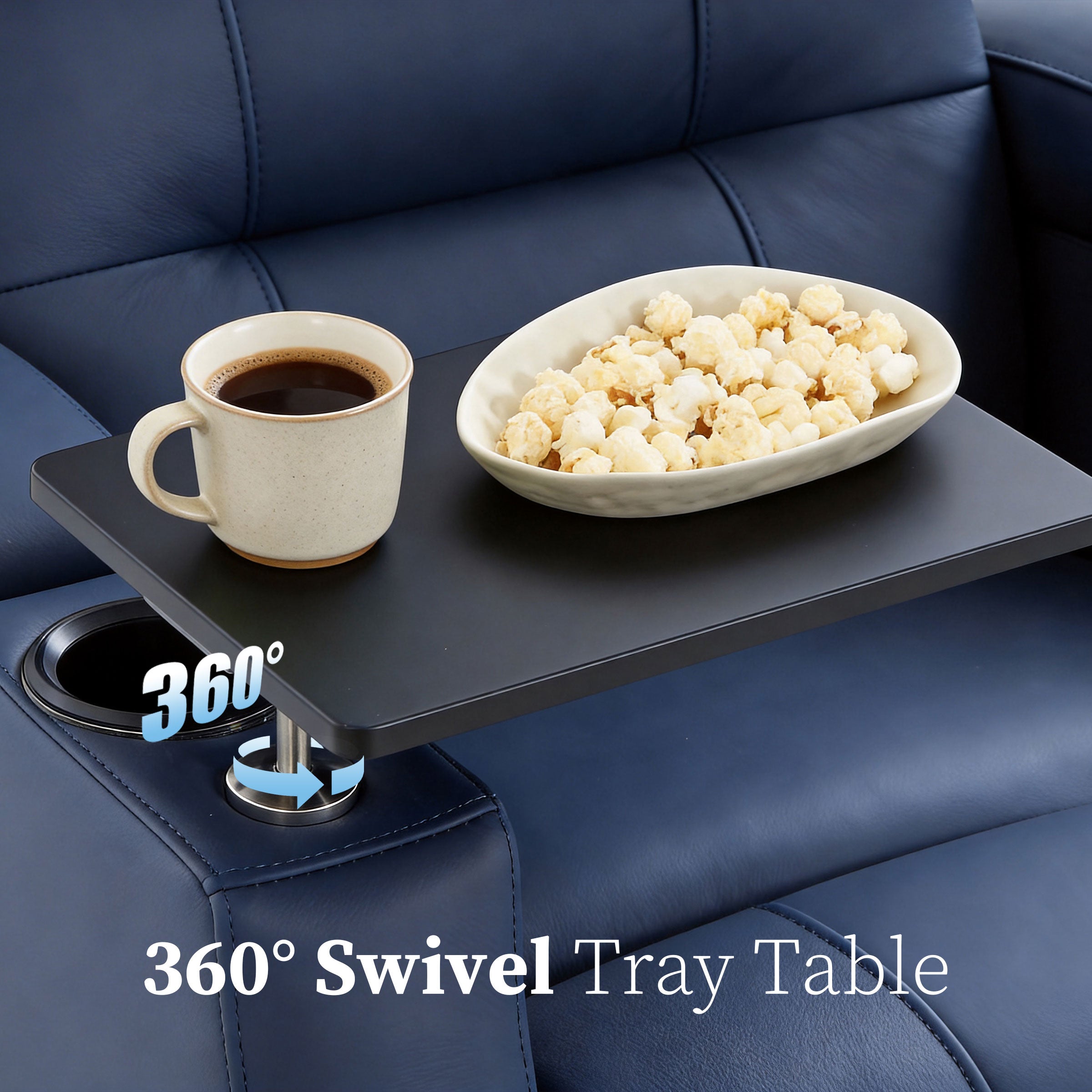Edgex Series blue recliner featuring a 360-degree rotating tray table