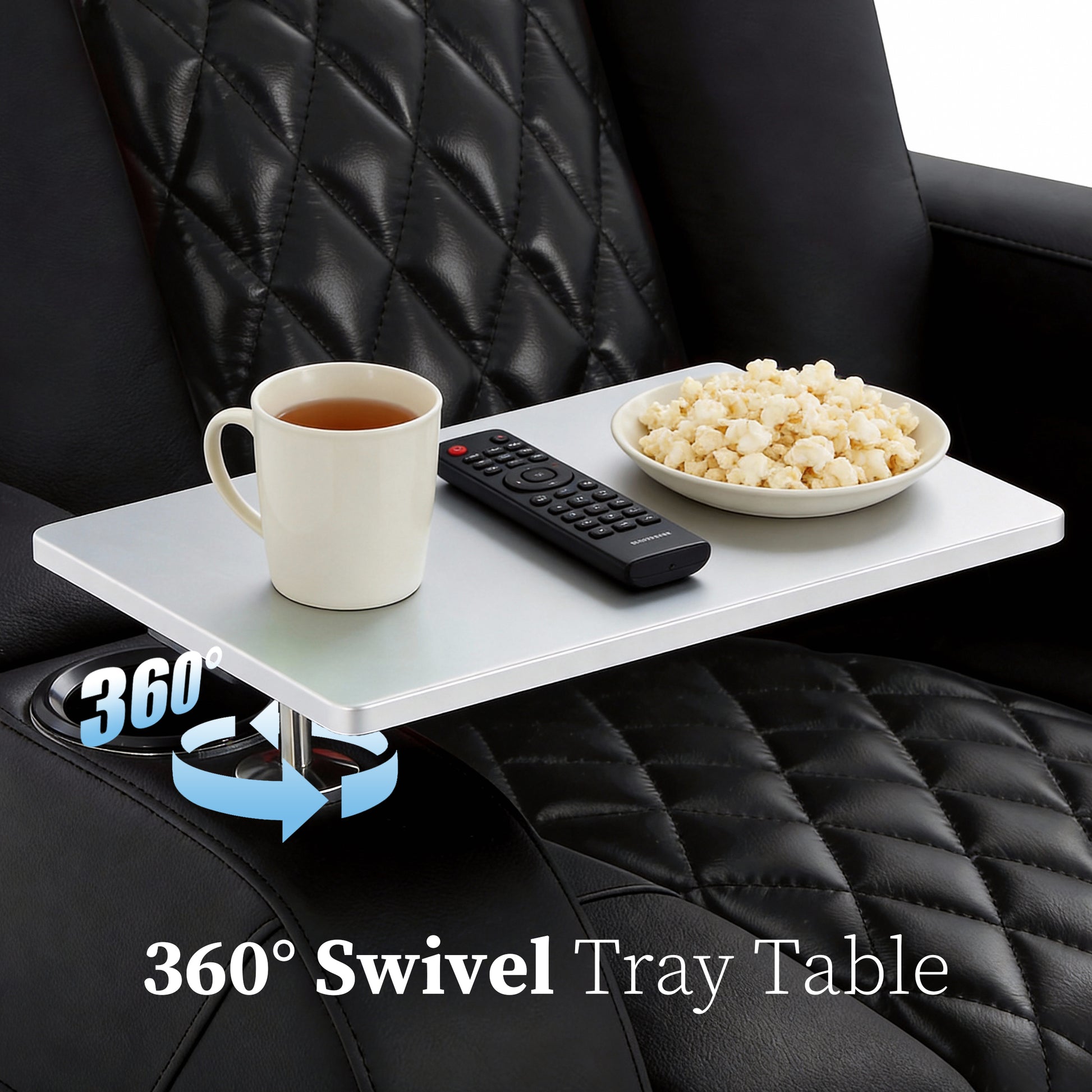 360 degree swivel tray table on black home theater recliner