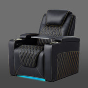 Black single cinema chair with quilted cushions and gold contrast stitching