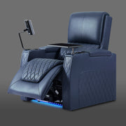 Axys series blue leather home theater recliner chair with LED glow base and built-in cup holder
