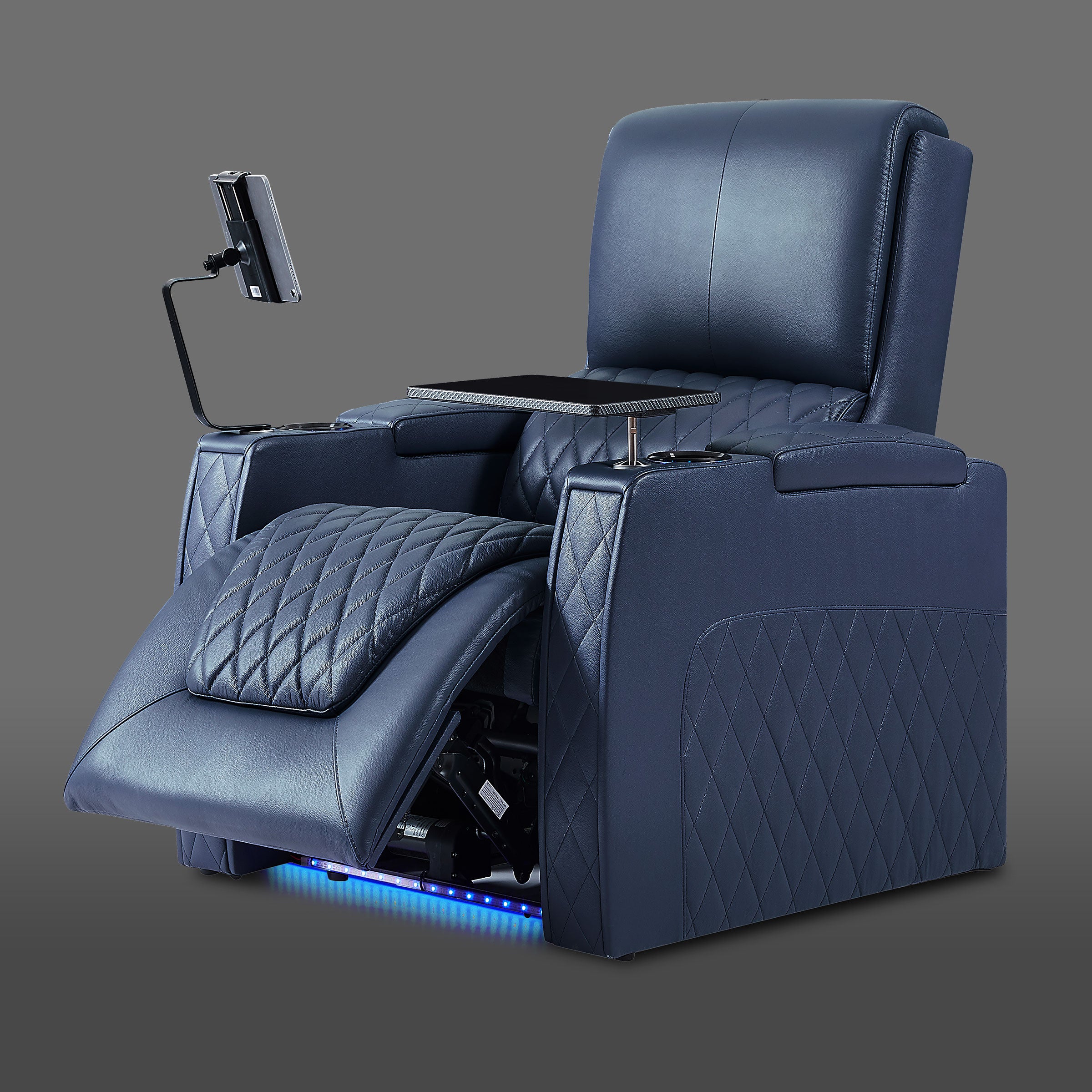 Axys series blue leather home theater recliner chair with LED glow base and built-in cup holder