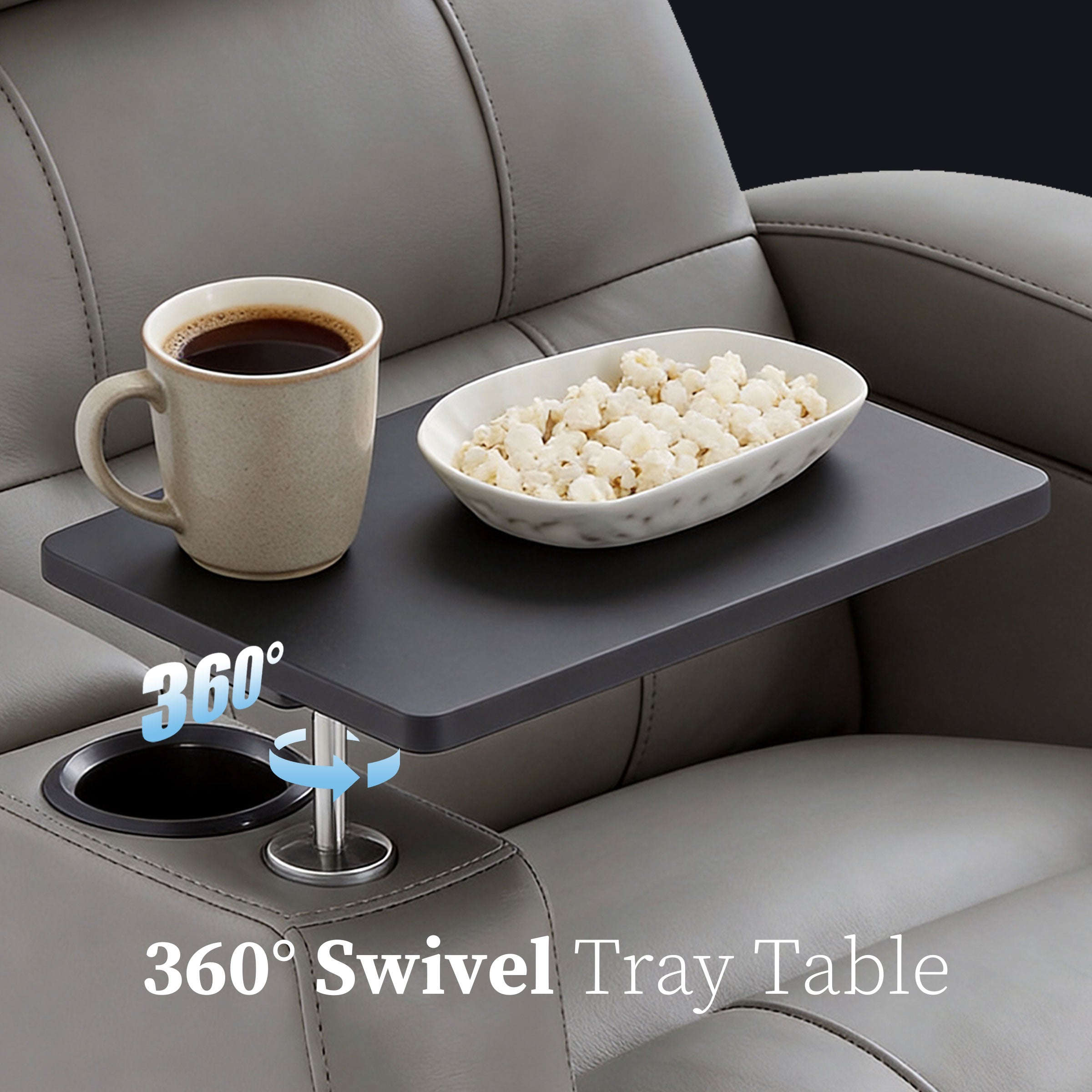 Edgex Series gray recliner equipped with rotating snack tray attachment