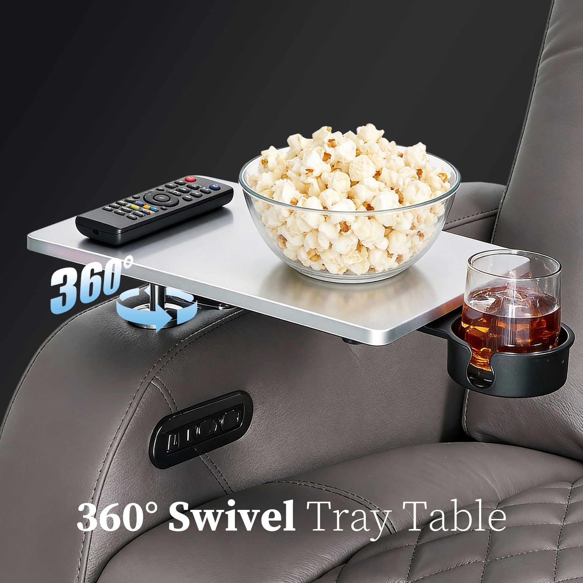 360 degree swivel tray table attached to gray reclining seating