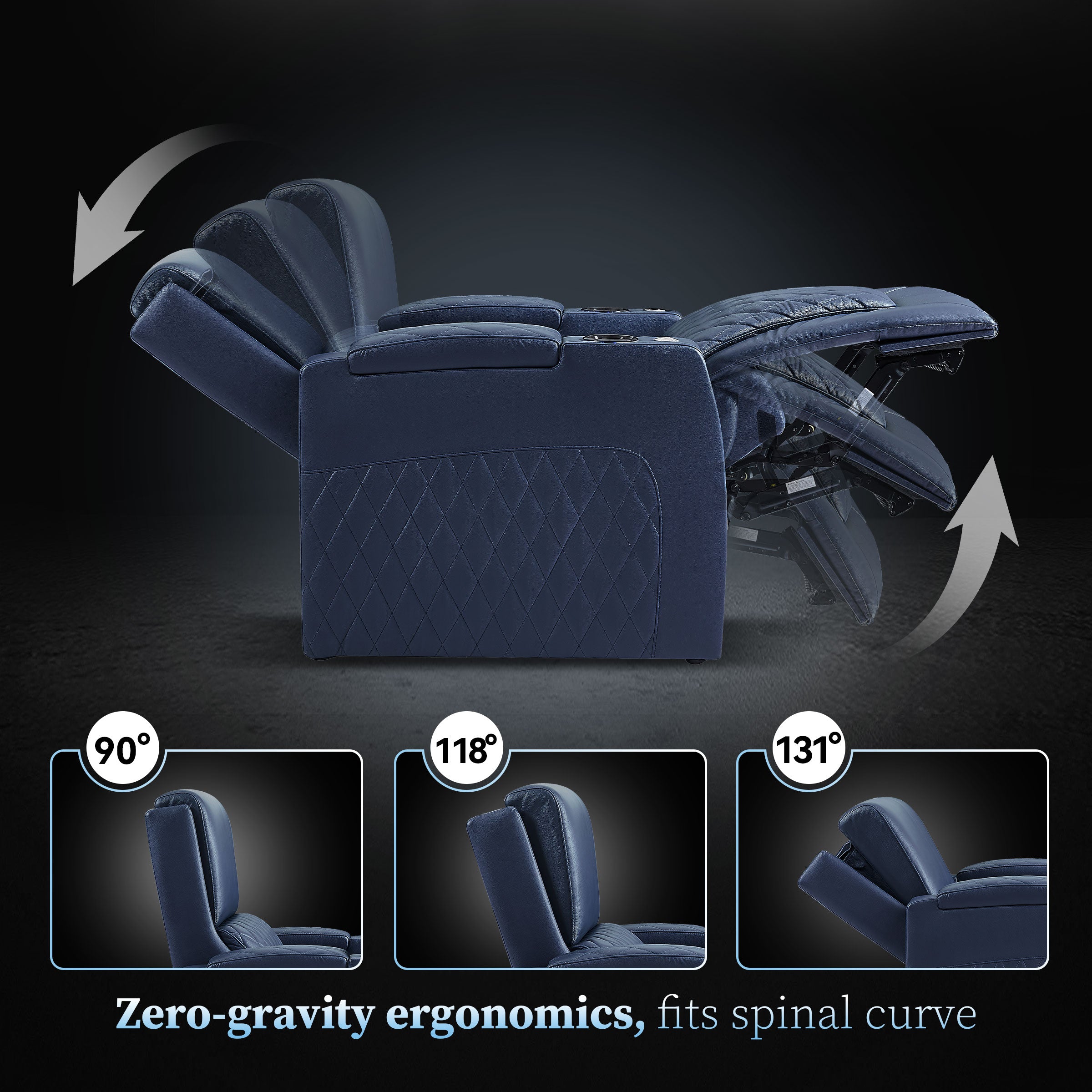 Ergonomically designed blue home theater sofa with padded headrest and lumbar support