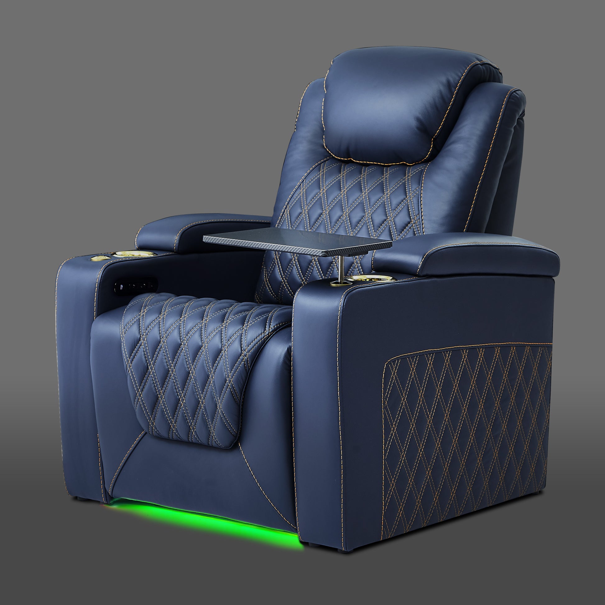 Blue single chair with padded armrests and soft ambient lighting