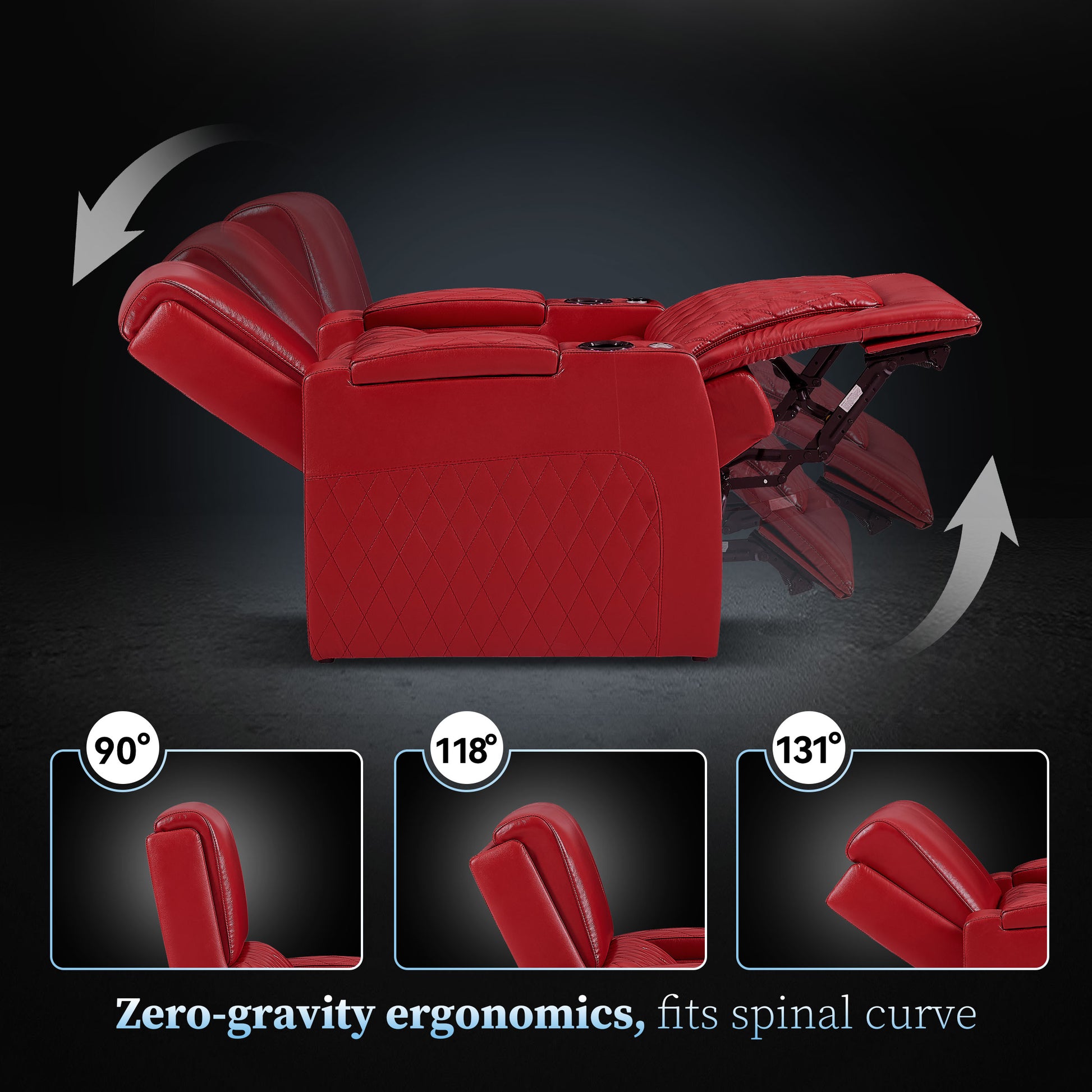 Red ergonomic theater chair with supportive headrest and padded arm cushions