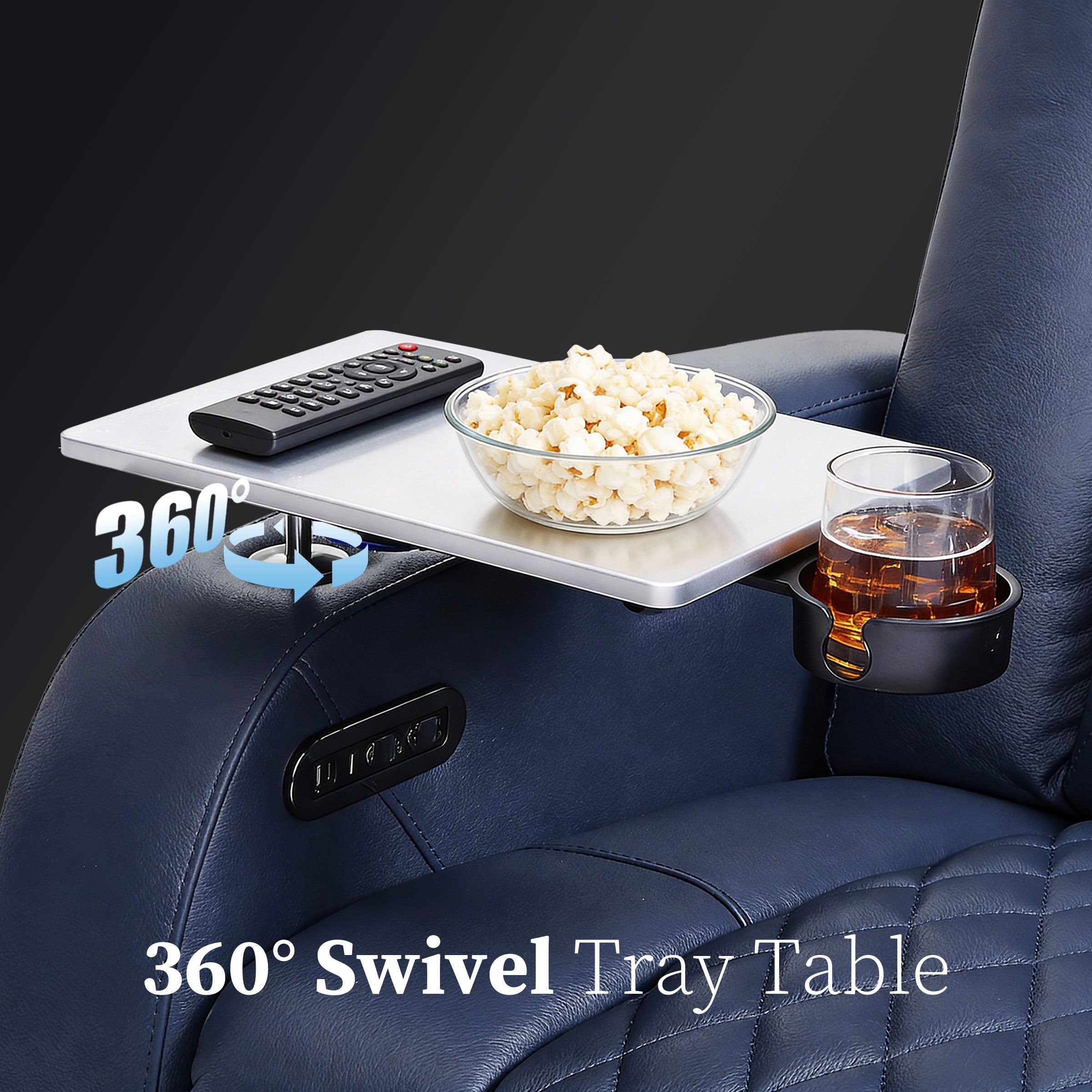 Side mounted swivel tray table on blue padded chair