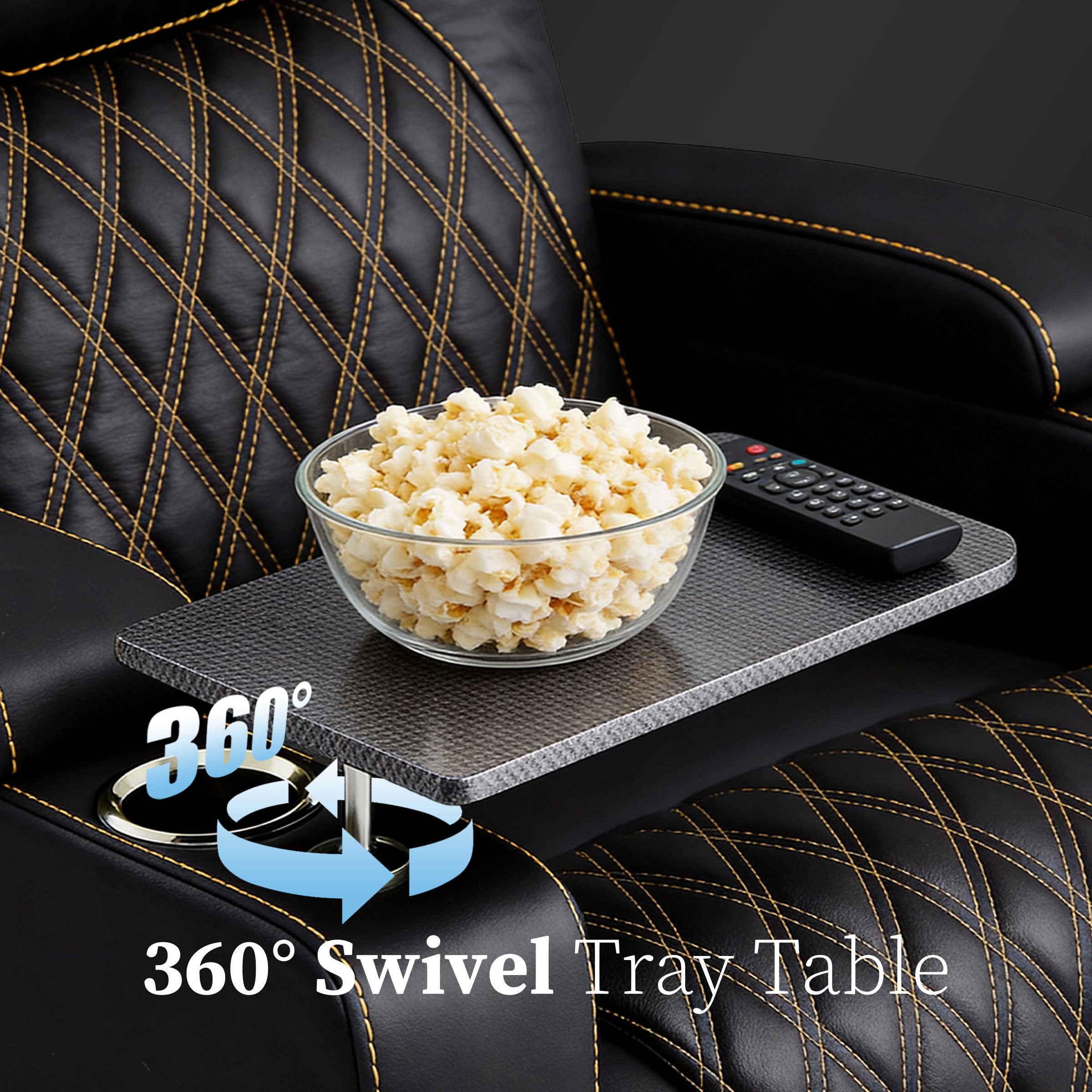 Side mounted swivel tray table holding snacks and drinks