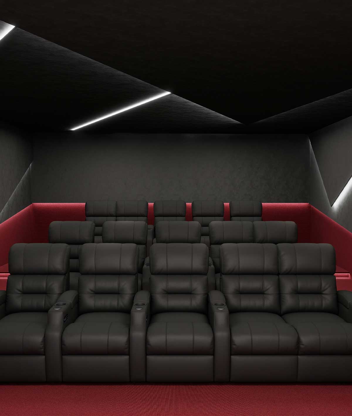 Multi-row black theater seating arranged in a minimalist cinema room