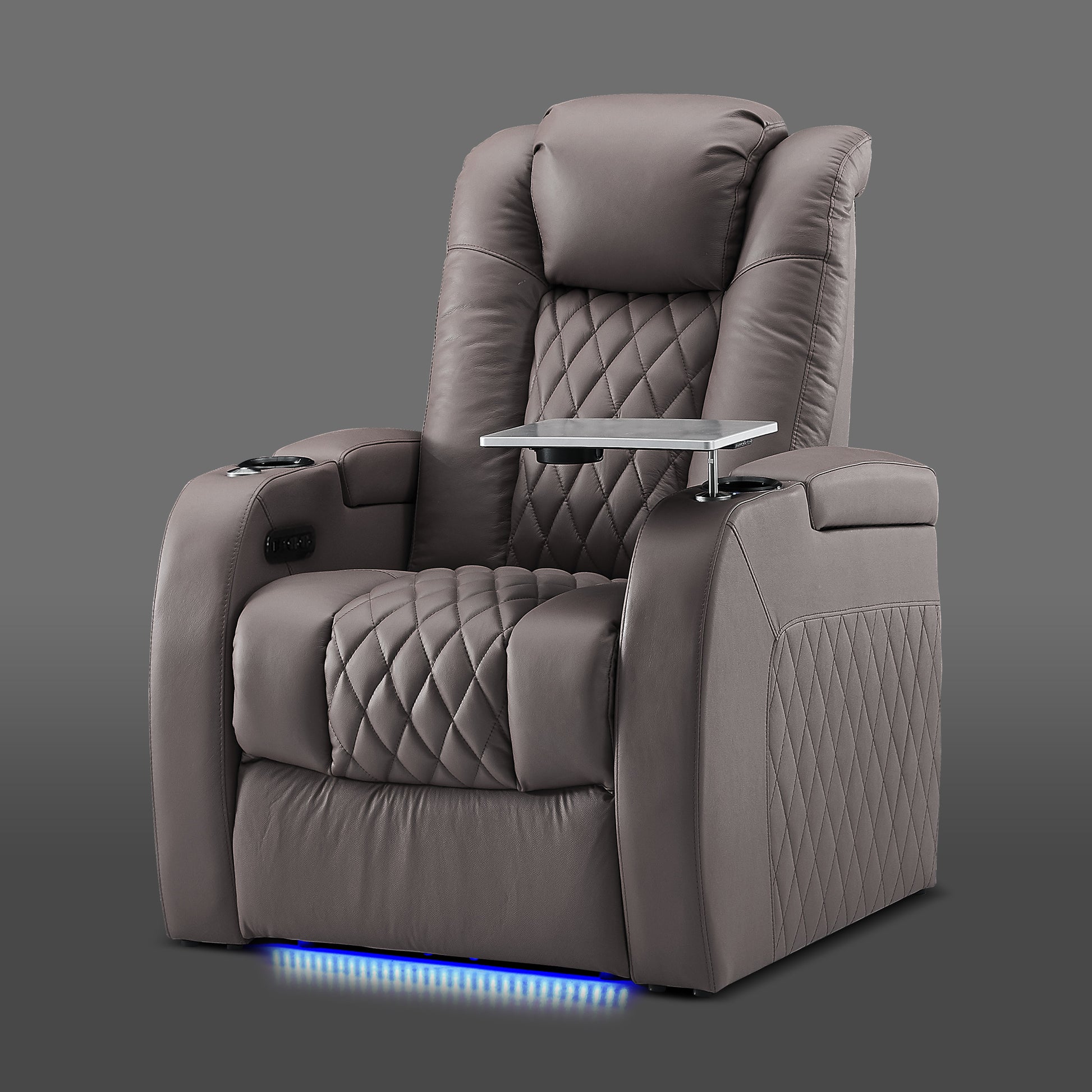 Single grey reclining chair with padded backrest and armrests