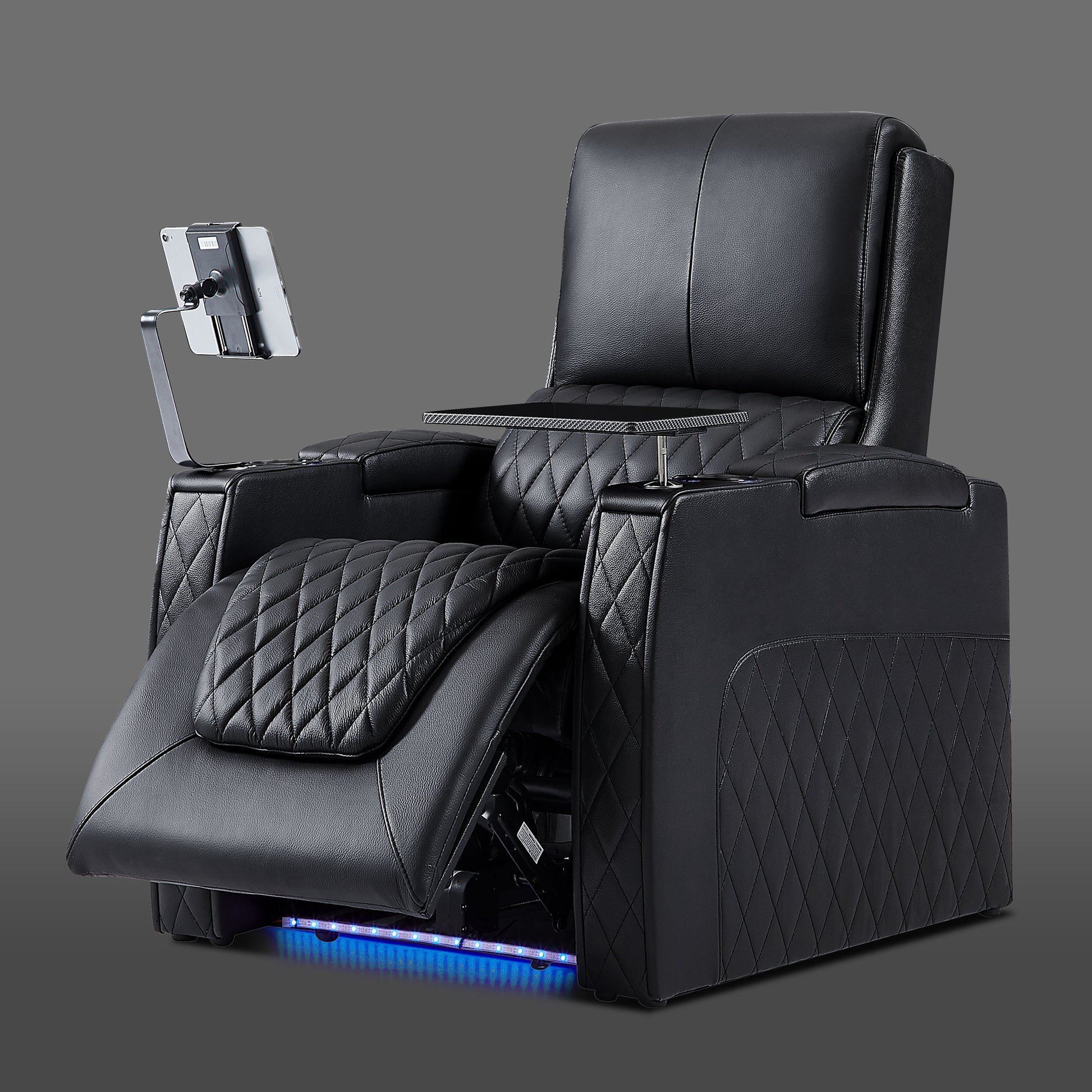 Axys series black leather home theater recliner chair with LED lights, cup holders and storage armrest