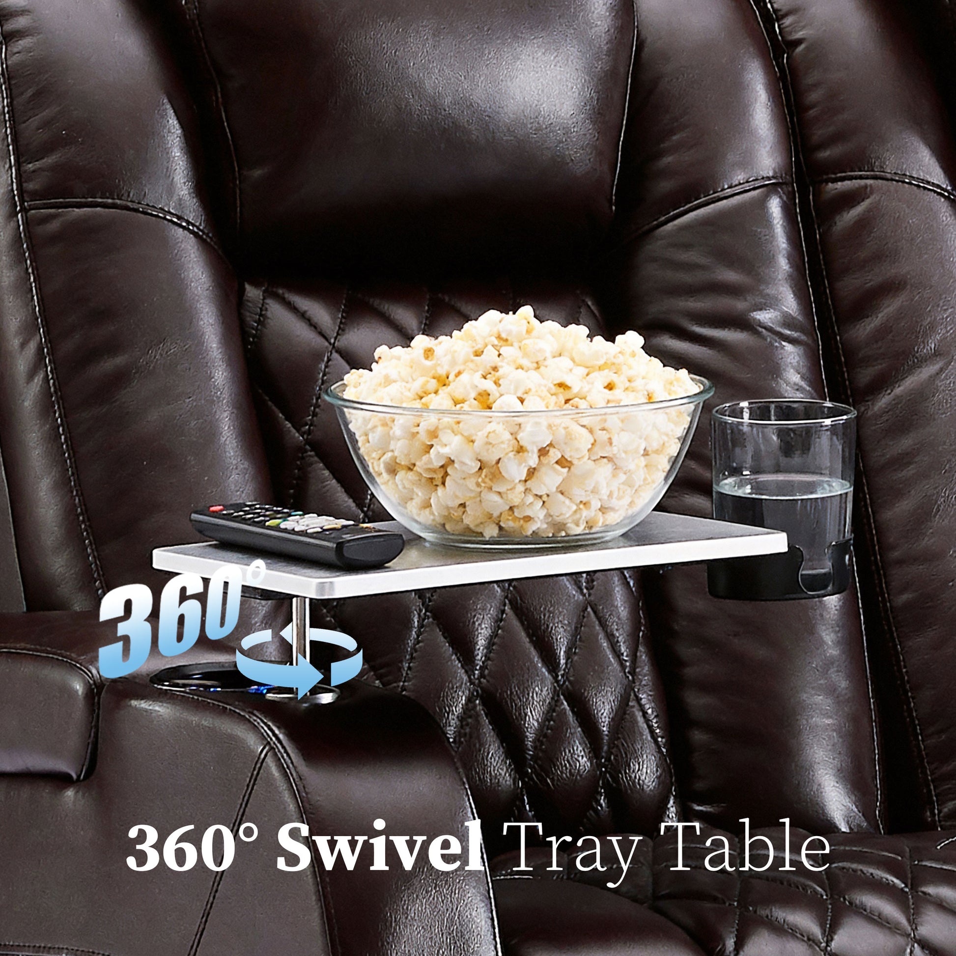 360 degree swivel tray table attached to brown reclining chair