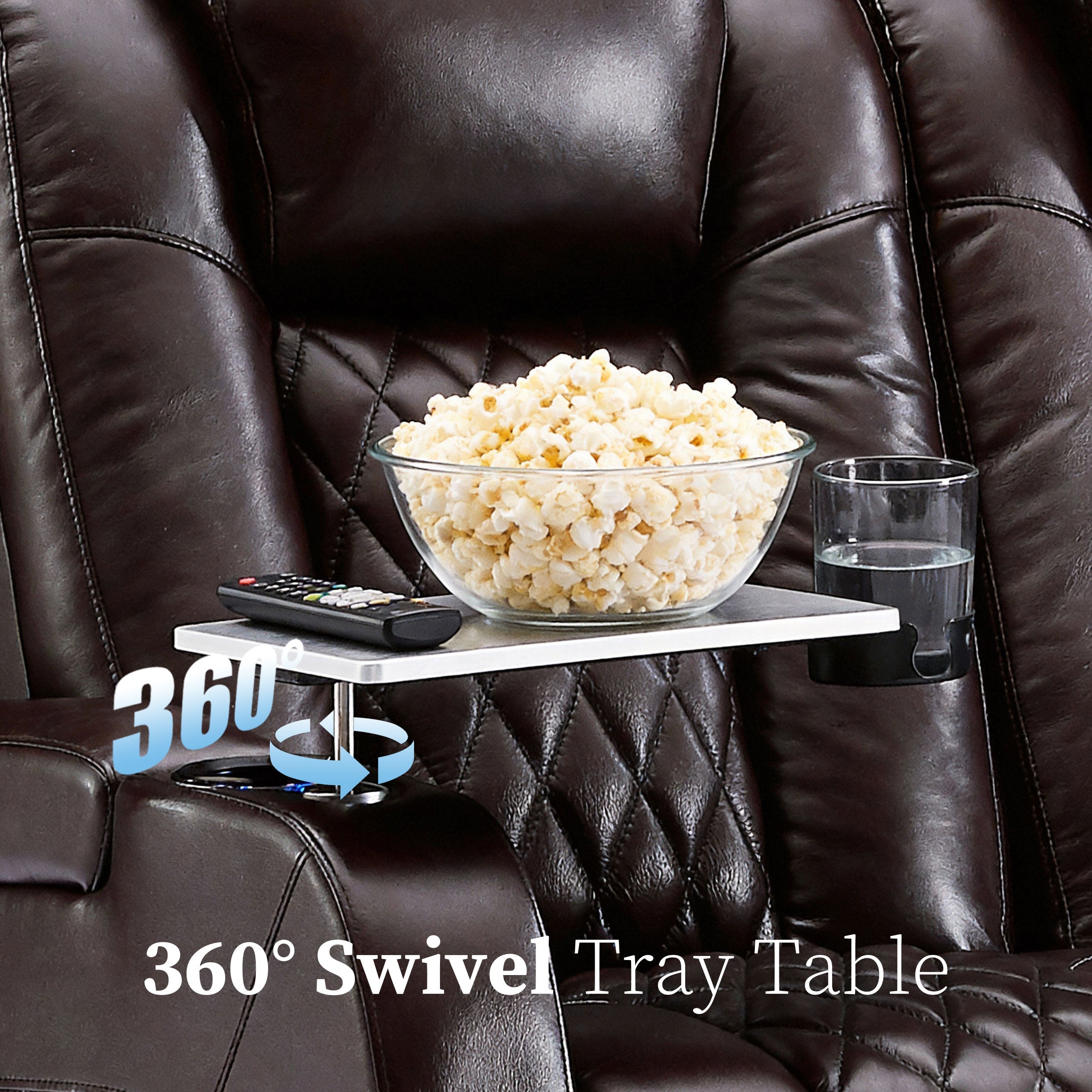 360 degree swivel tray table attached to brown reclining chair