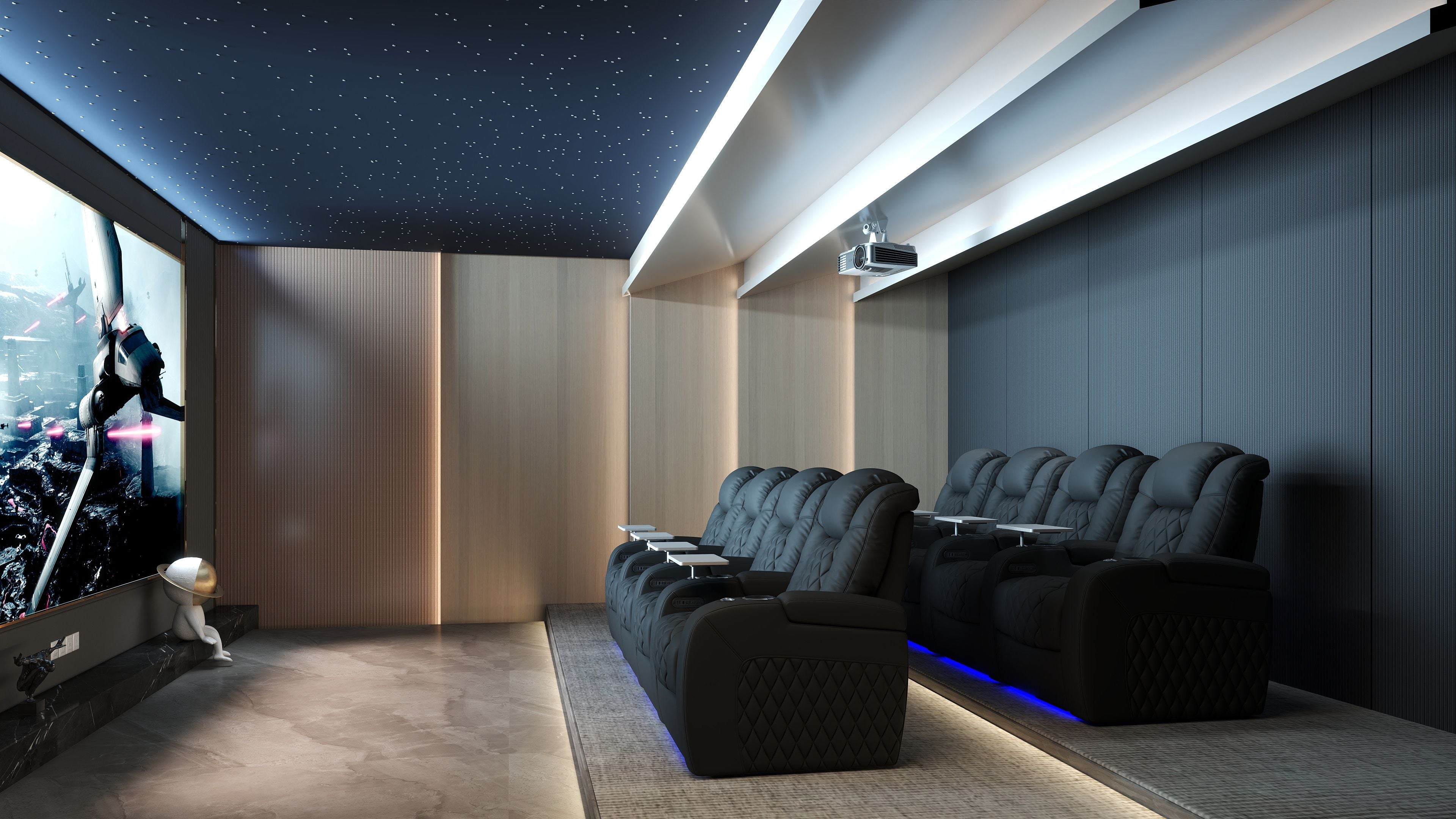 Black home theater seating arranged for a cozy movie night with ambient lighting and large screen
