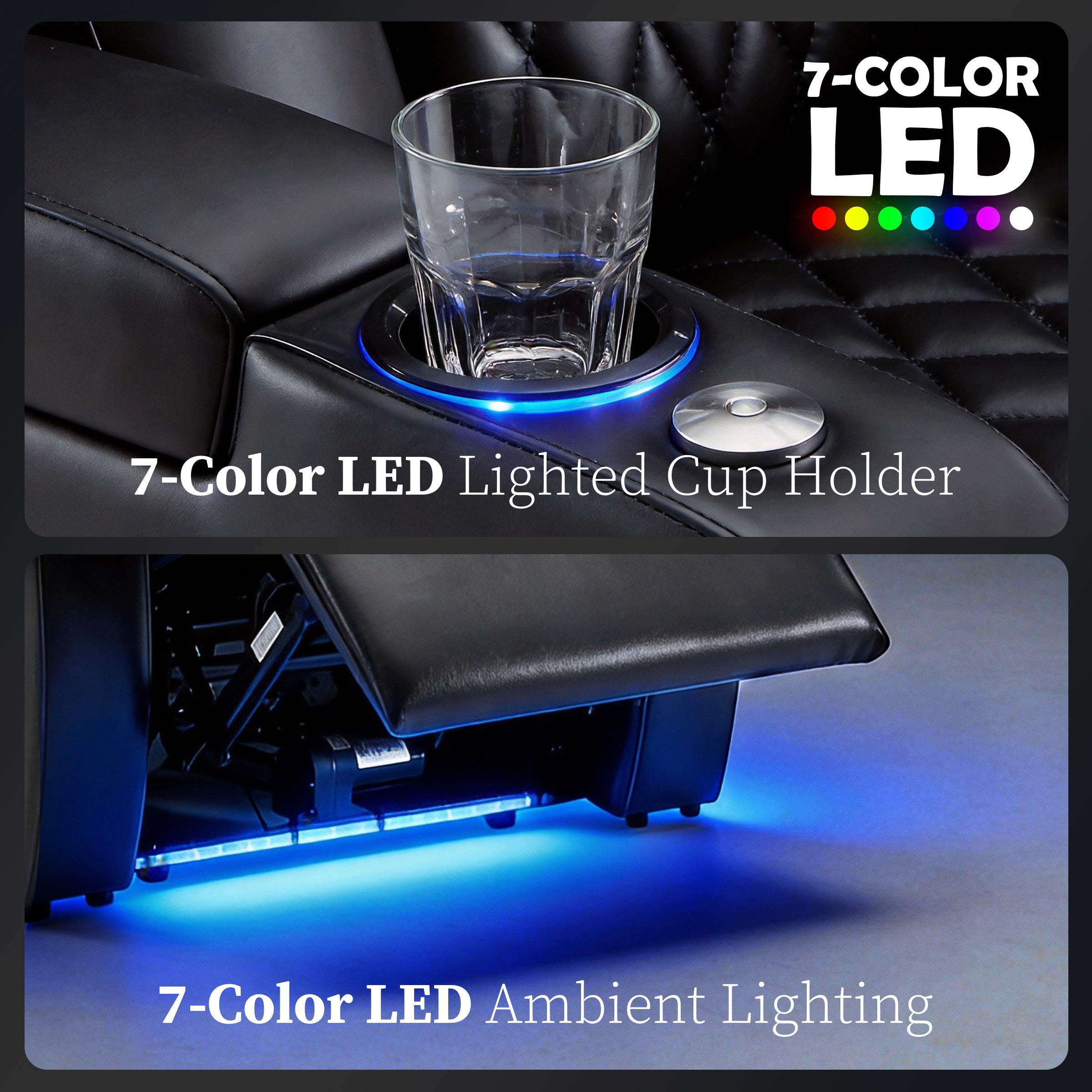 Black home theater recliner cup holders with 7-Color LED ambient lighting