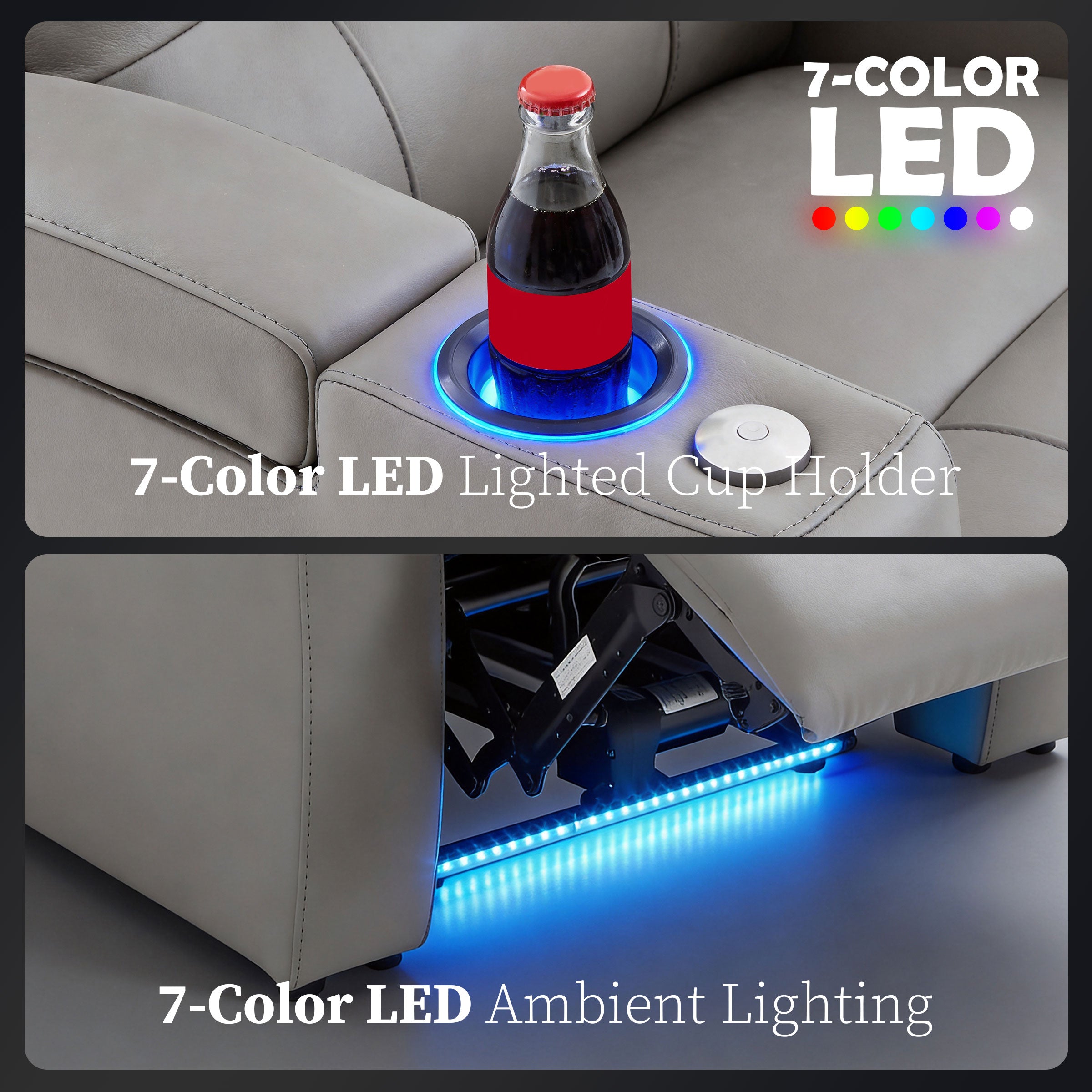 Edgex Series gray theater sofa featuring 7-color mood lighting and lighted cup rings