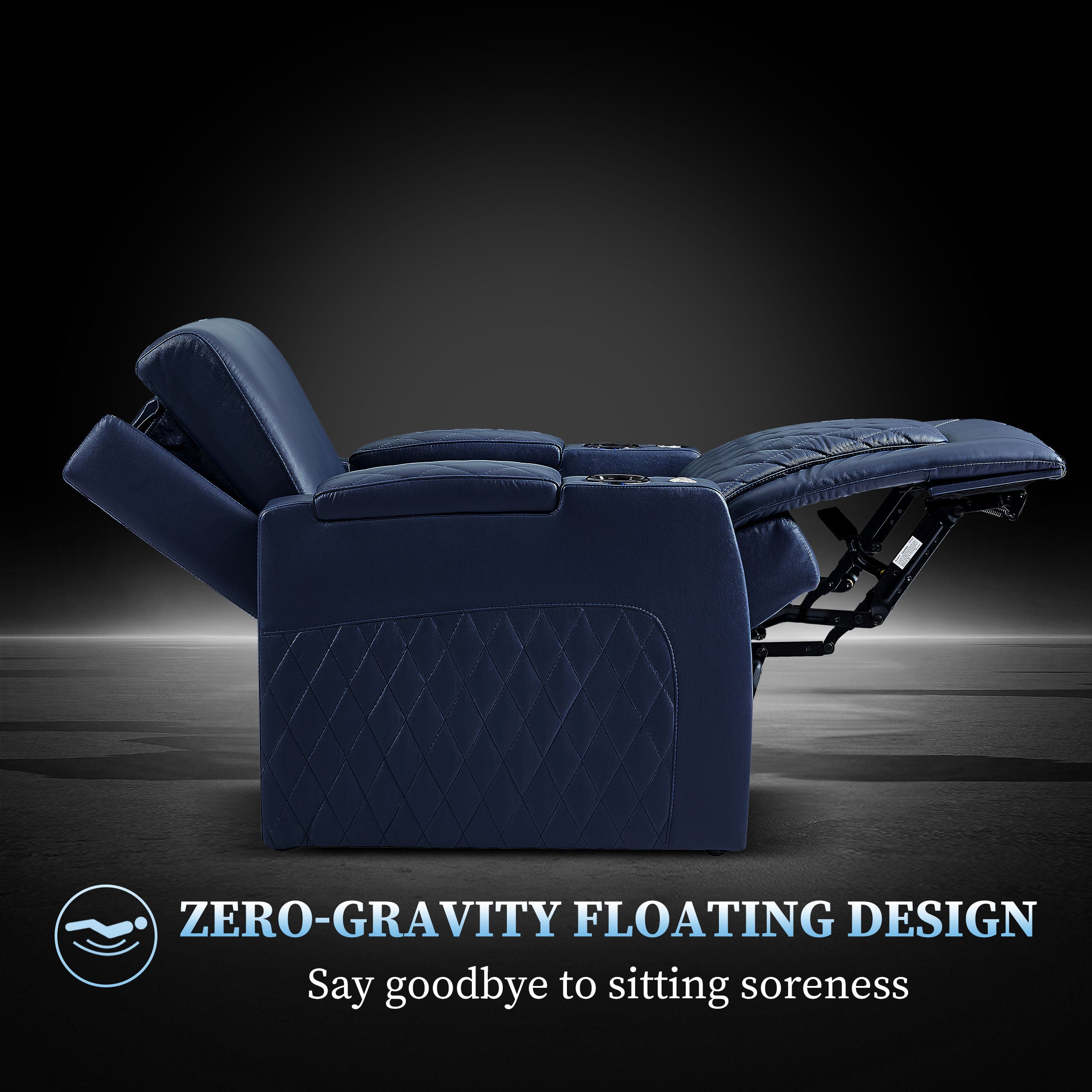 Zero gravity reclining position on blue leather theater chair