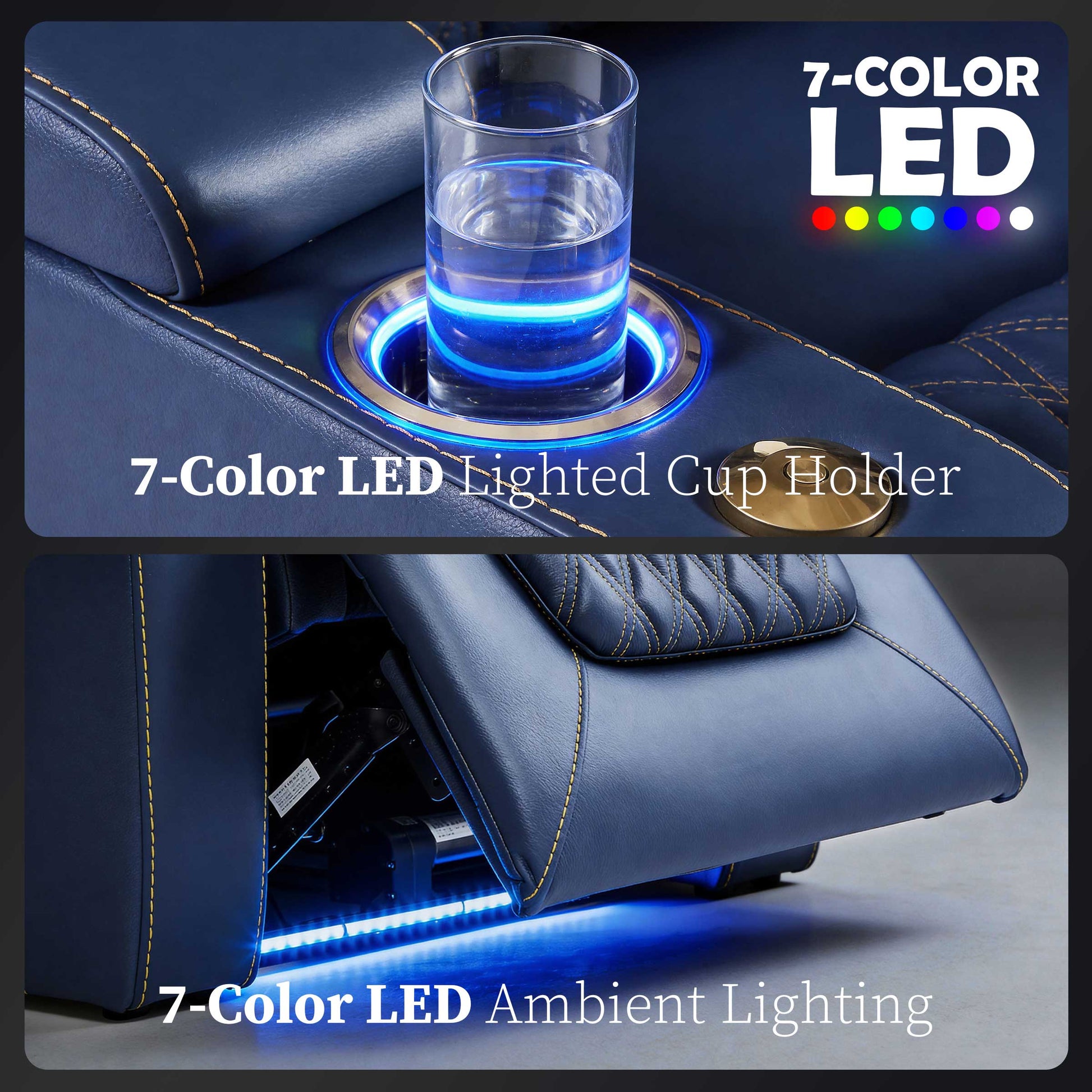 7-color LED illuminated cup holder built into blue seating armrest