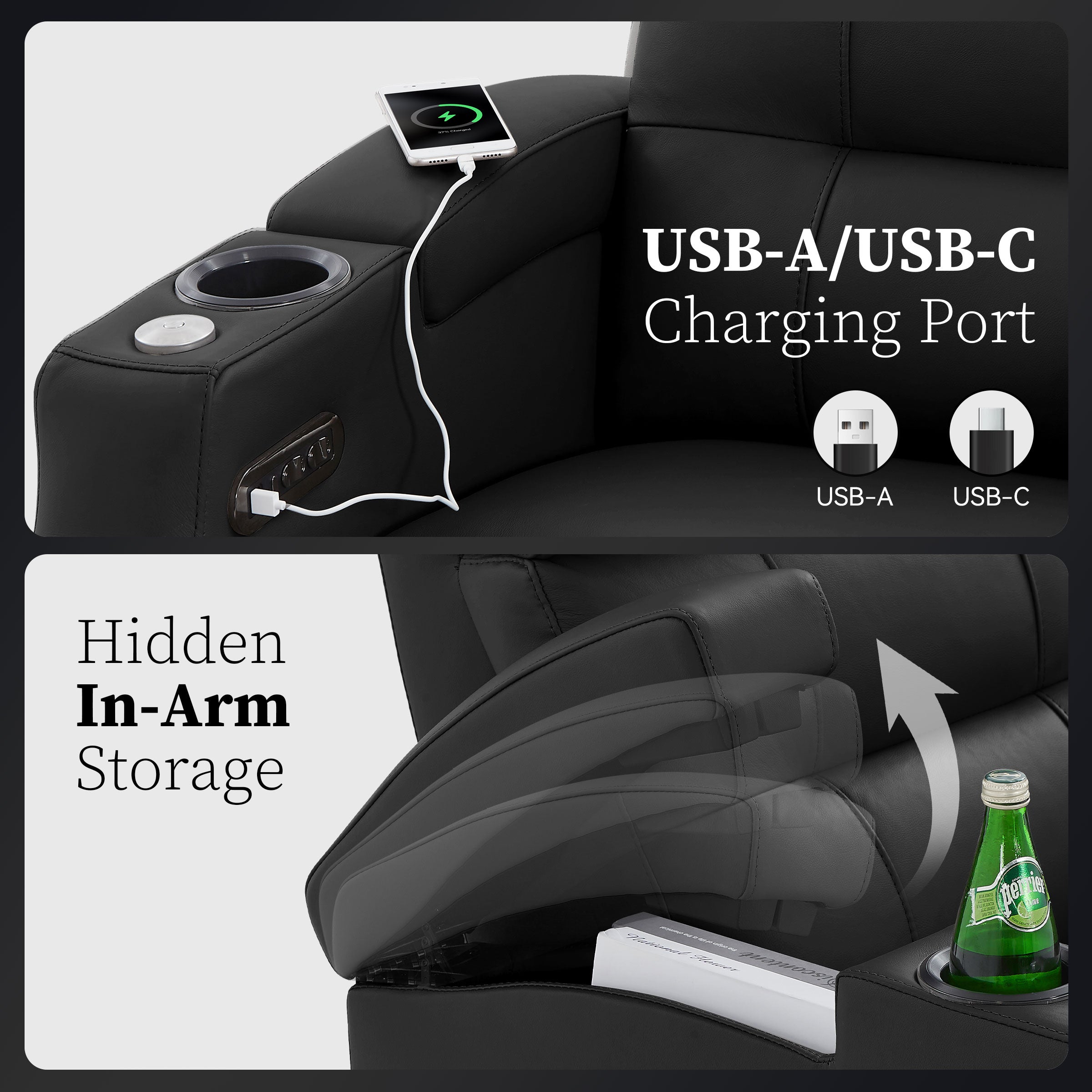 Edgex Series recliner with concealed armrest storage and USB charging port