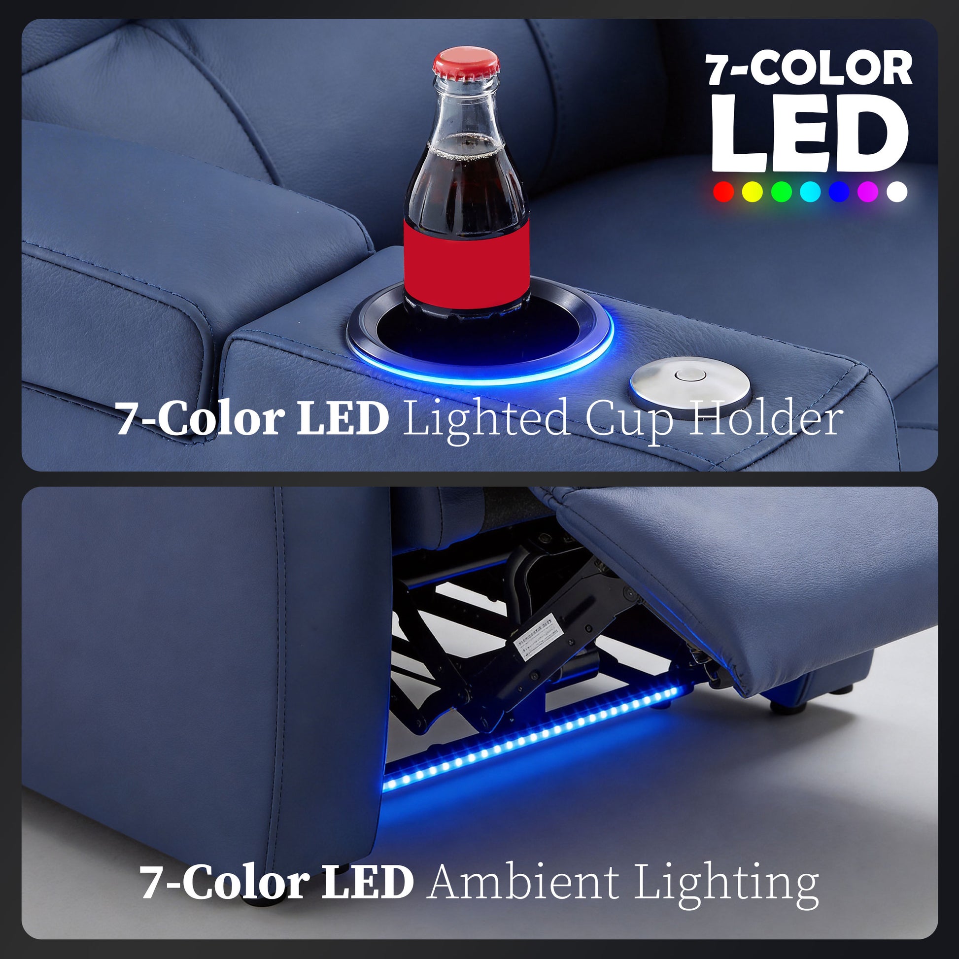 Edgex Series blue seating with 7-color ambient LEDs and illuminated drink holders