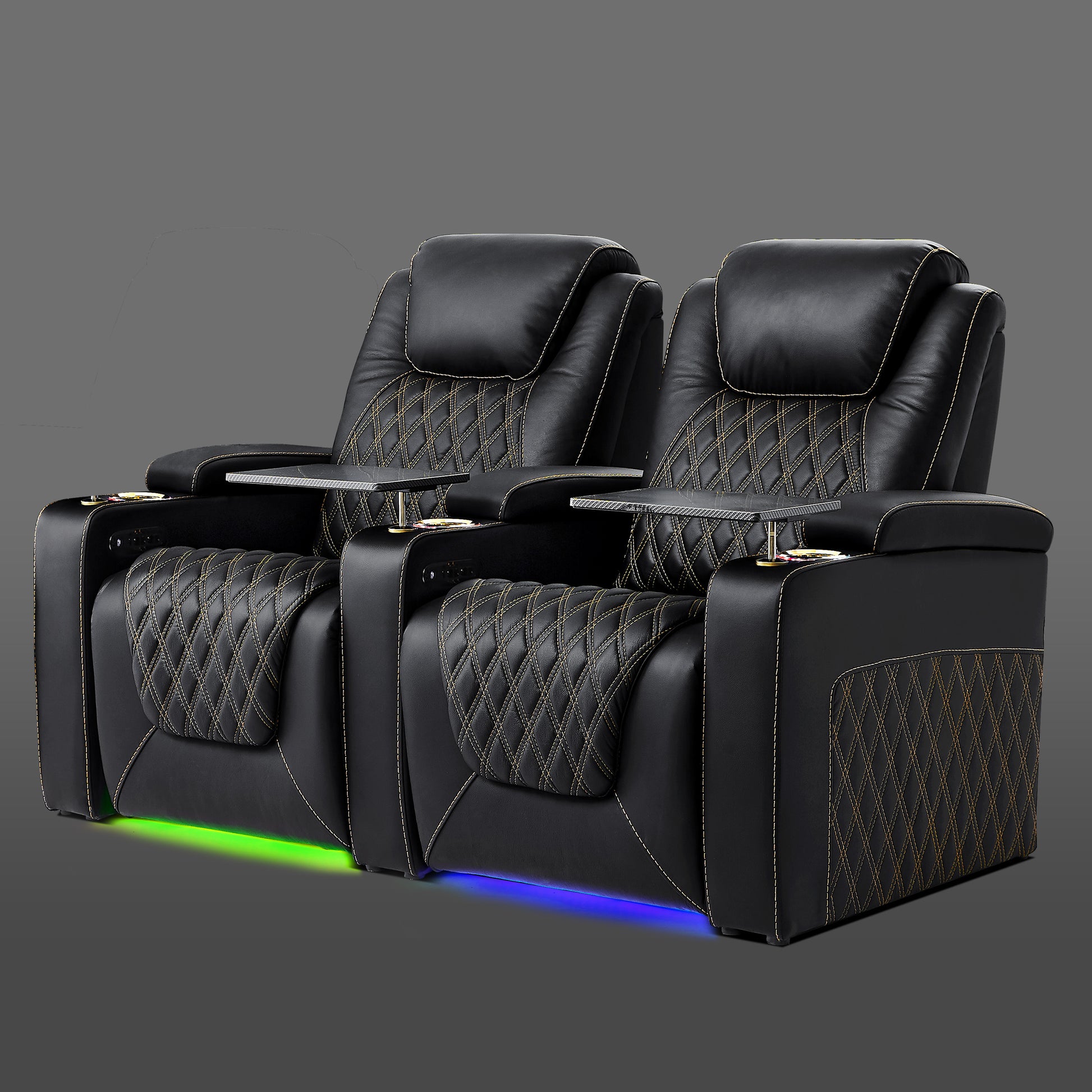 Black two seat power recliner with gold stitching and soft base lighting